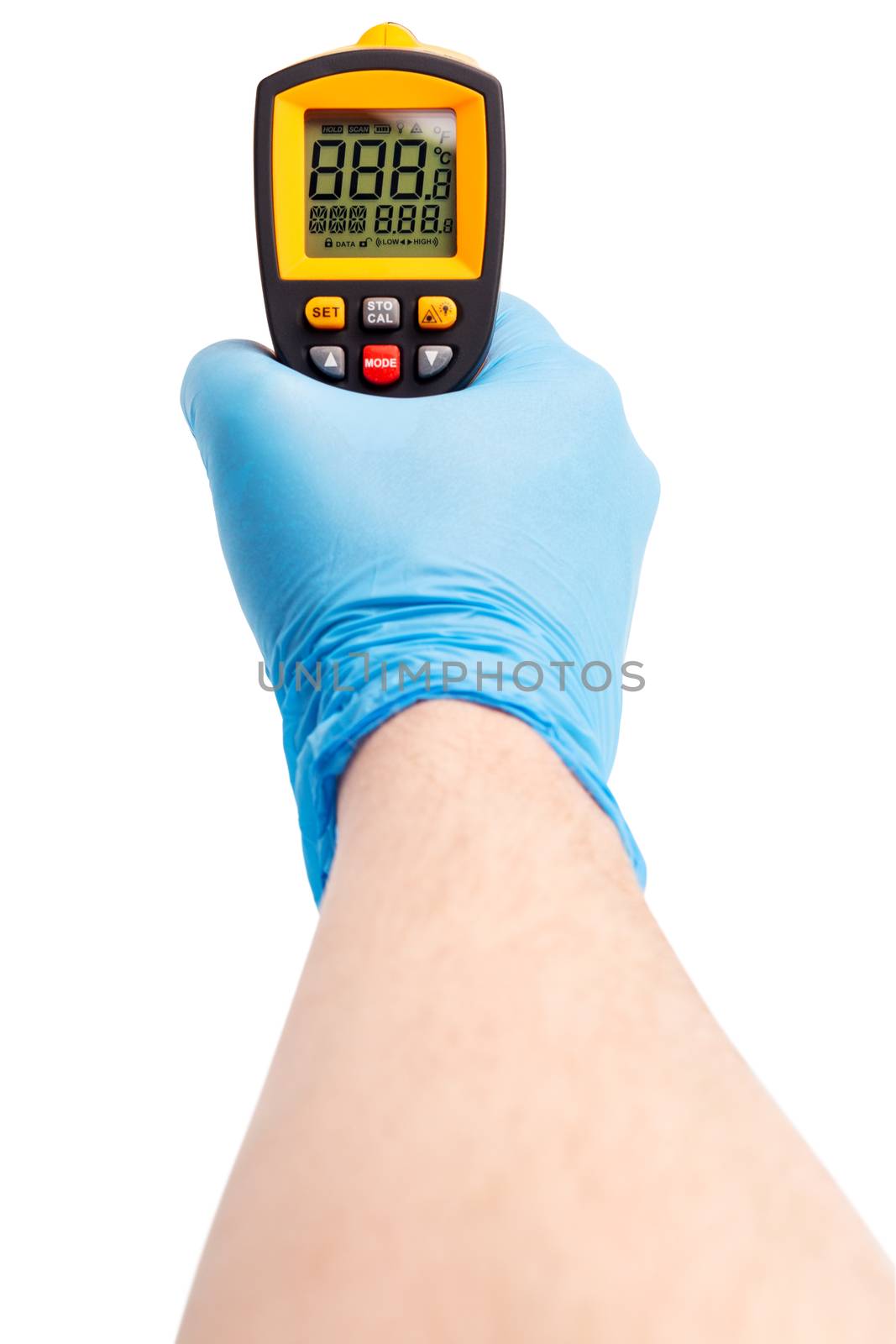 right hand in blue medical latex glove aiming with yellow infrared contactless thermometer isolated on white, mockup display state with all on by z1b