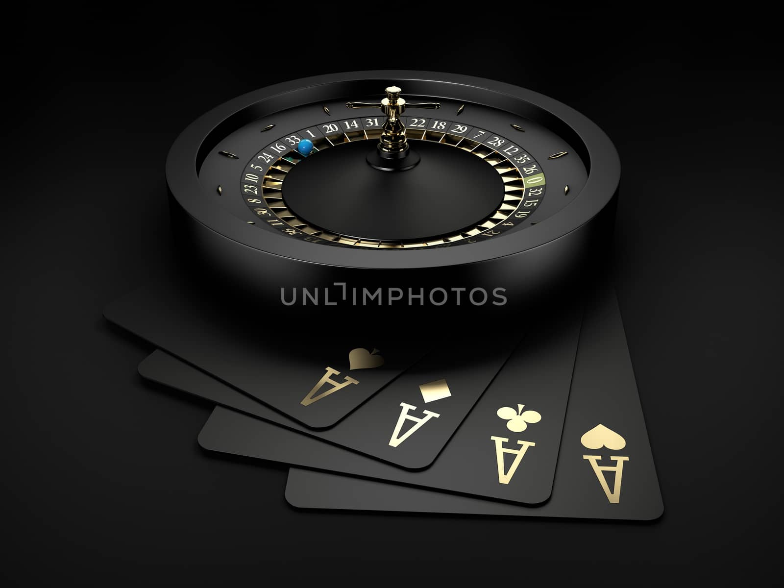 3d Rendering of Black Casino Roulette Wheel with a blue ball and gold play carts, clipping path included.
