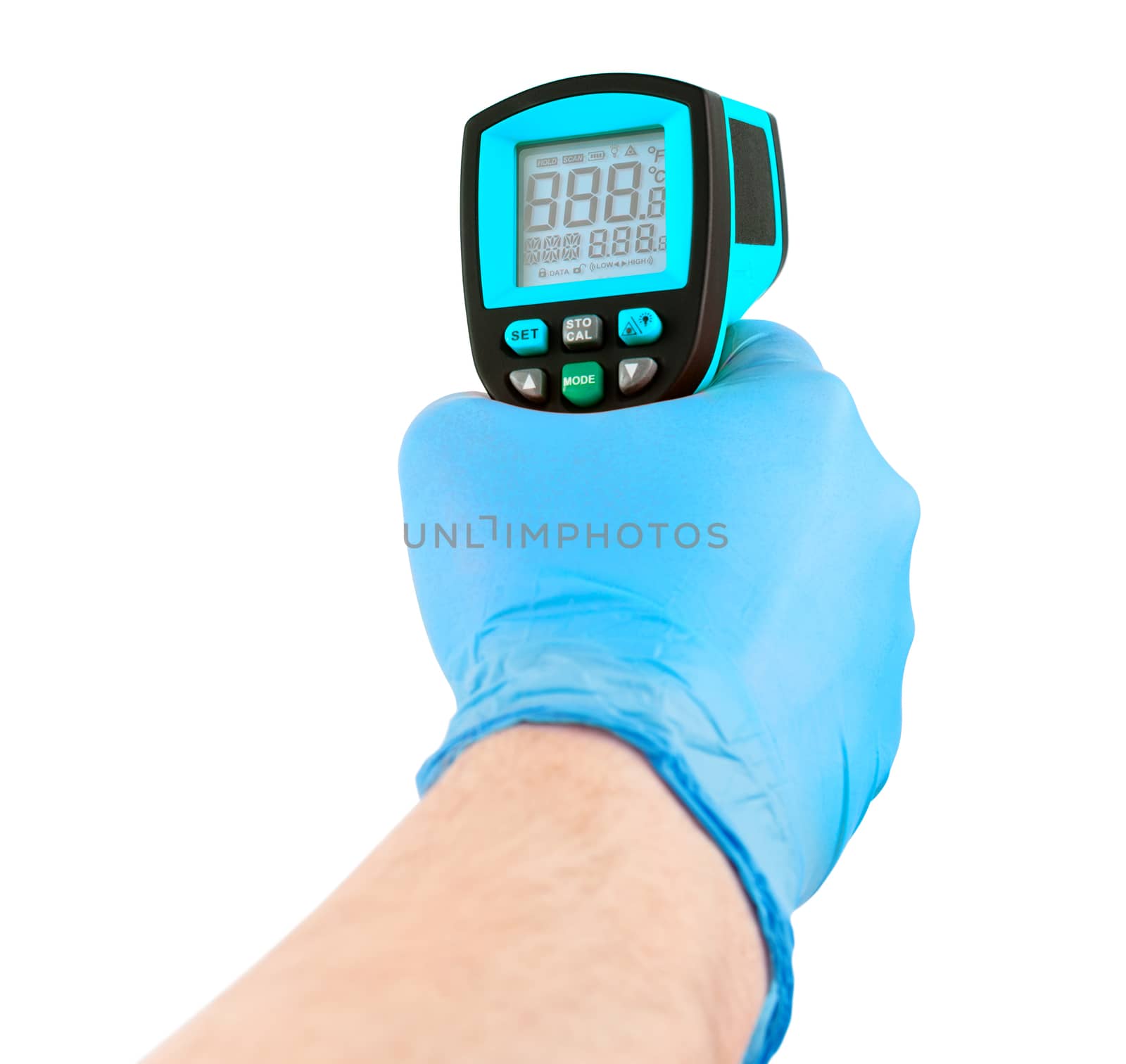 hand in blue medical latex glove aiming with infrared contactless thermometer isolated on white background, mockup display state with all symbols on.