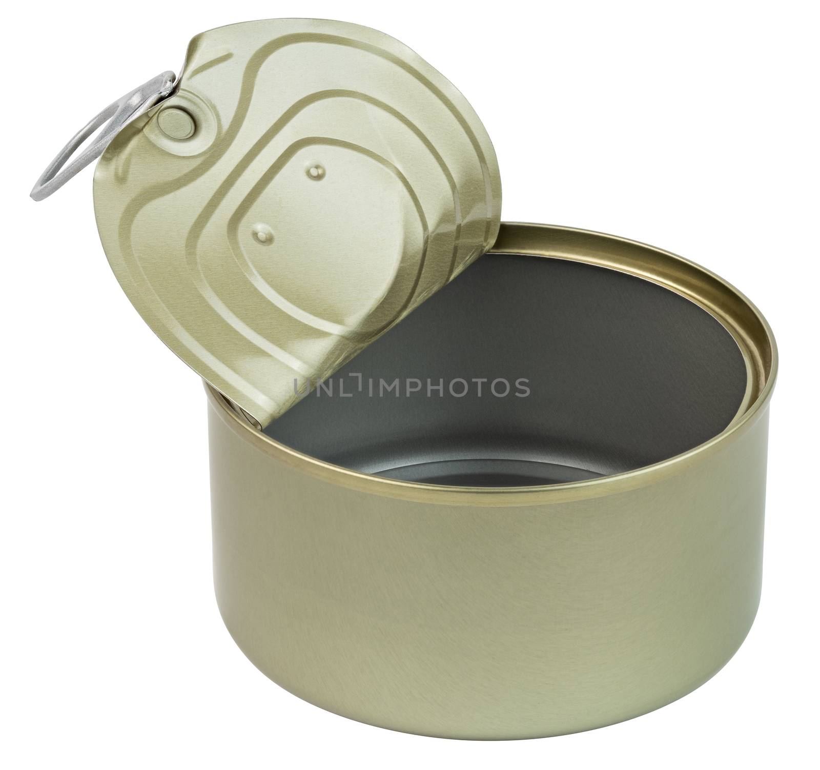 opened clean tin can with pull tab ring, bended lid and empty - isolated on white background