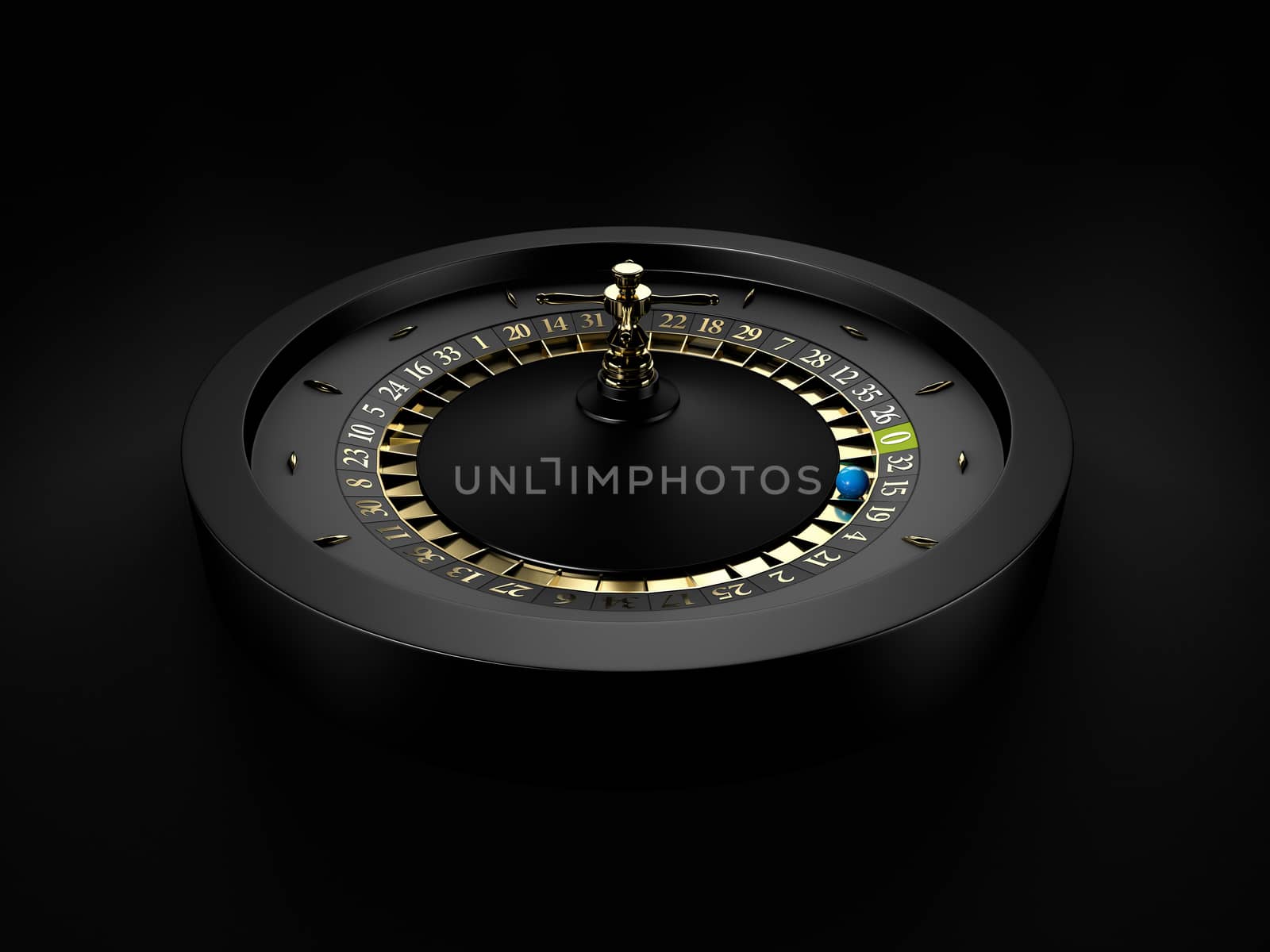 3dRendering of Black Casino Roulette Wheel with a blue ball. isolated black, clipping path included.