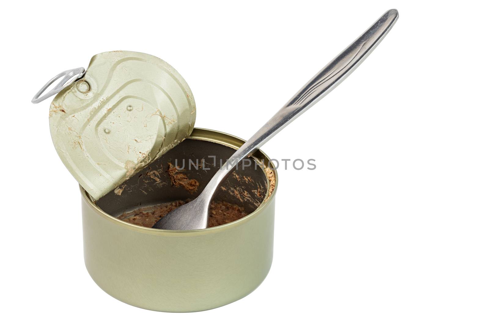 opened and empty tincan with leftovers of tuna and stainless steel fork- isolated on white background with edge-to-edge sharpness