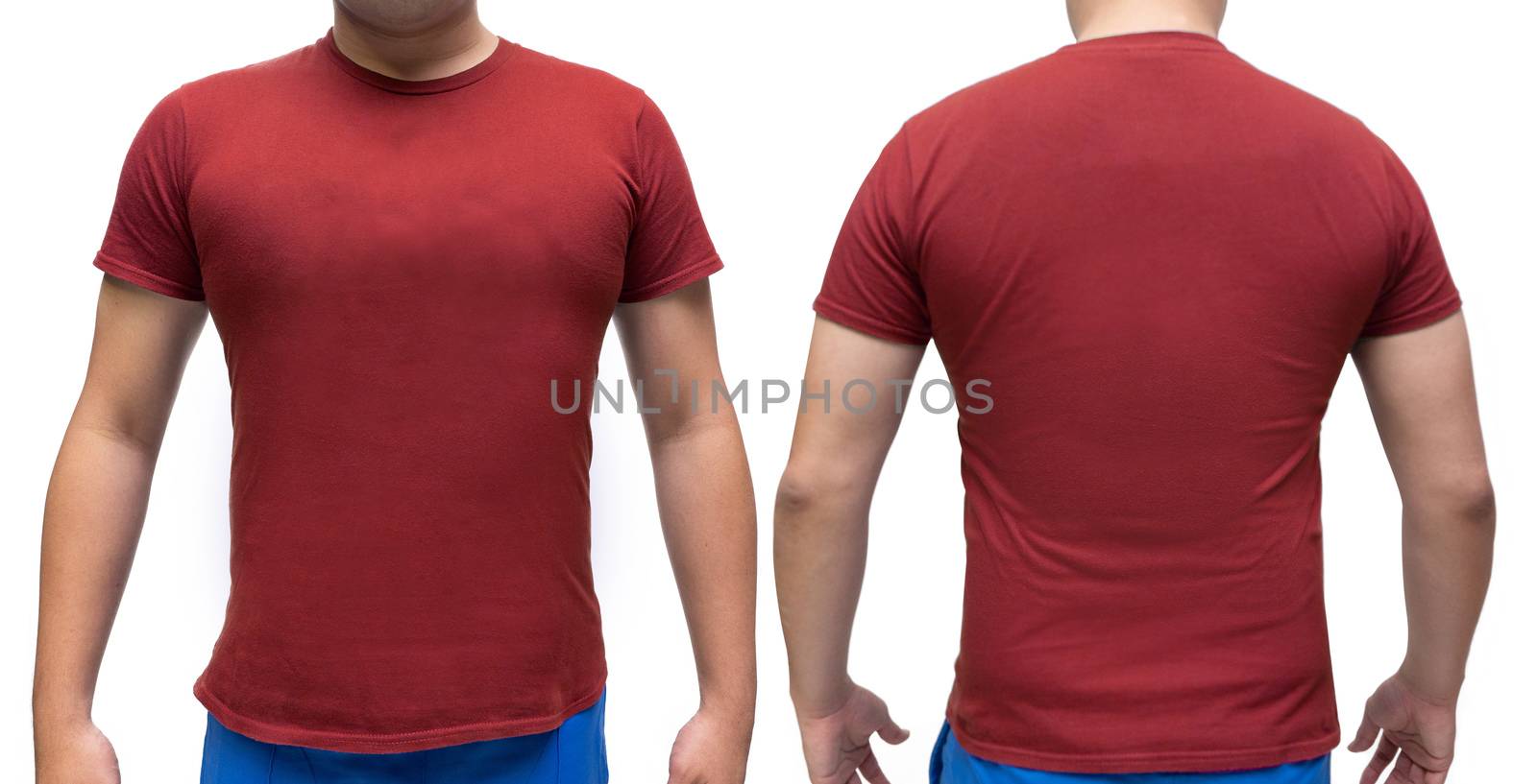 Red blank  t-shirt on human body for graphic design mock up