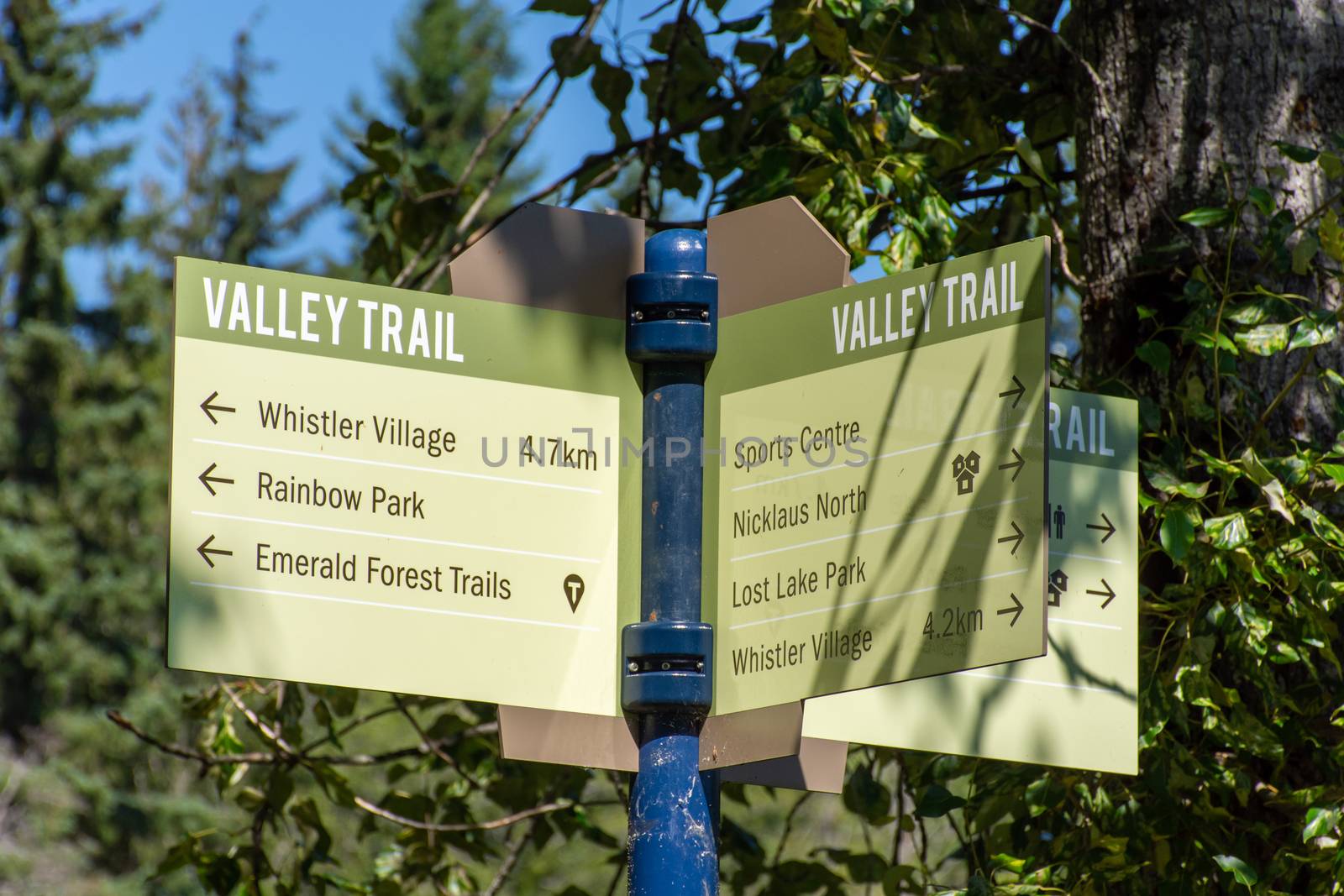 Valley Trail Crossroad Sign in Whistler, British Columbia, Canada in the summer for biking, walking, running, rollerblading enjoying nature on the way to Whistler Village.