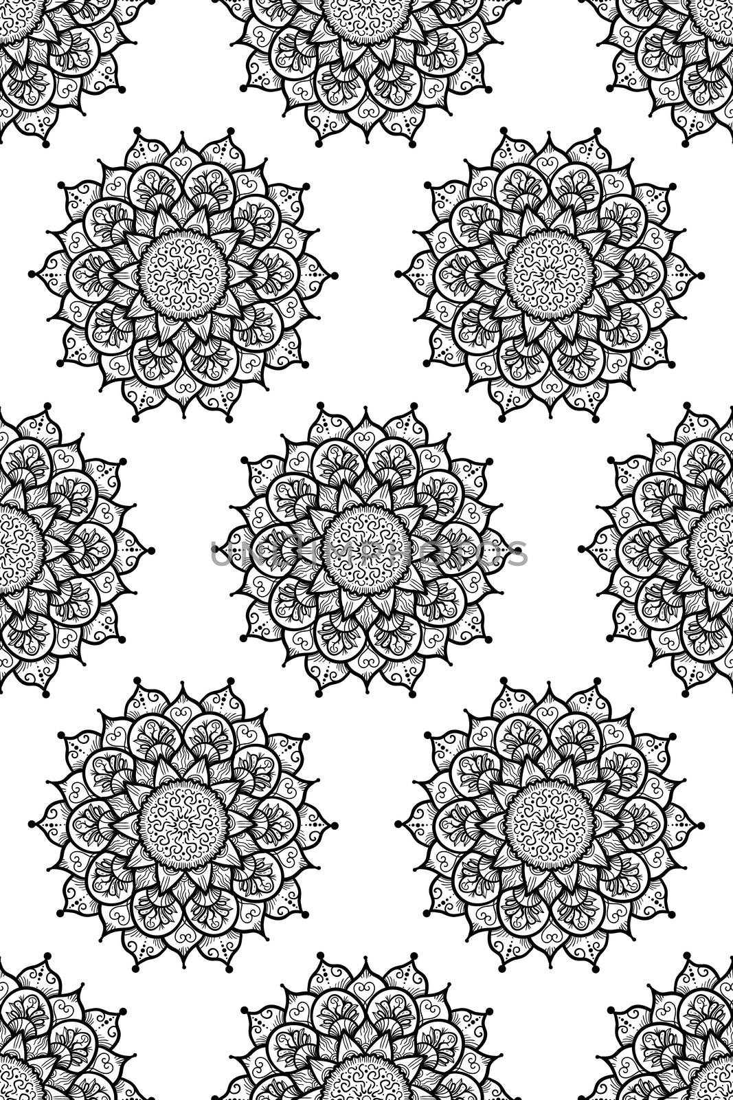 Hand drawn Mandala Seamless Pattern. Arabic, indian, turkish and ottoman culture decoration style. Ethnic ornamental background. Magic vintage template of greeting, card, print, cloth, tattoo. Vector