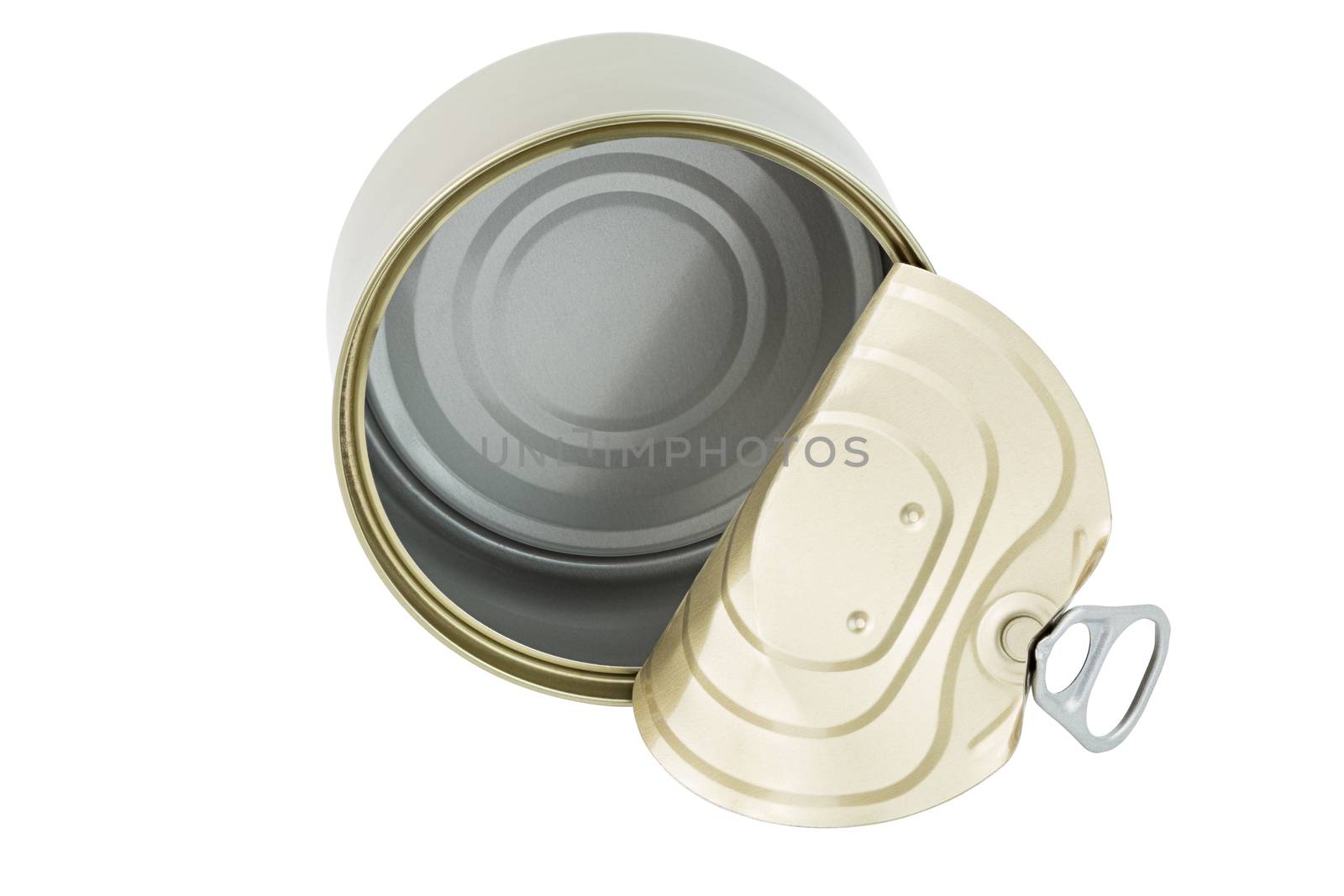opened clean tin can with pull tab ring, bended lid and empty - isolated on white background, top-down view.