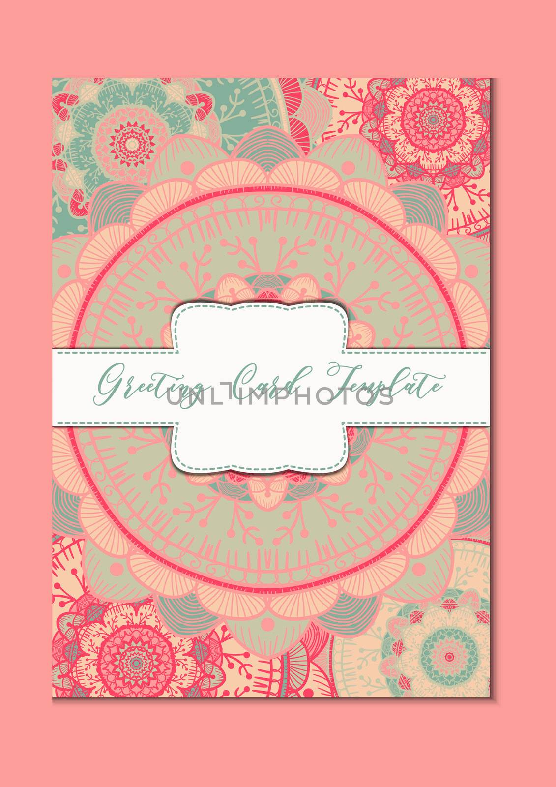 Mandala vintage template card in arabic and indian, islam and ottoman, turkish, asian style for brochure, flyer, greeting, invitation card, cover. Format A4. Floral holiday ornamental design. Vector