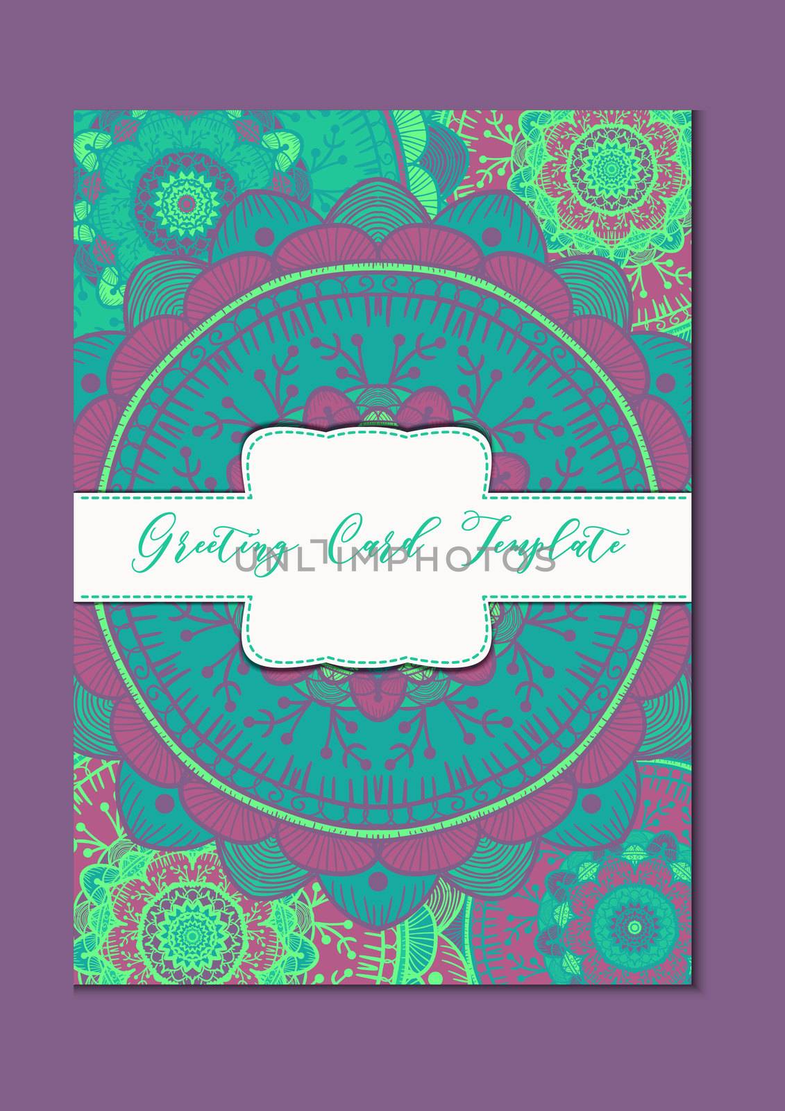 Mandala vintage template card in arabic and indian, islam and ottoman, turkish, asian style for brochure, flyer, greeting, invitation card, cover. Format A4. Floral holiday ornamental design. Vector
