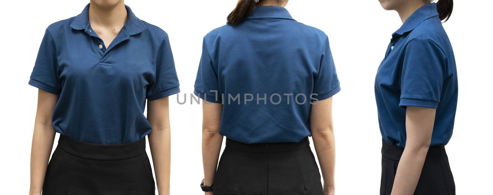 isolated blue polo shirt template on woman body for design concept