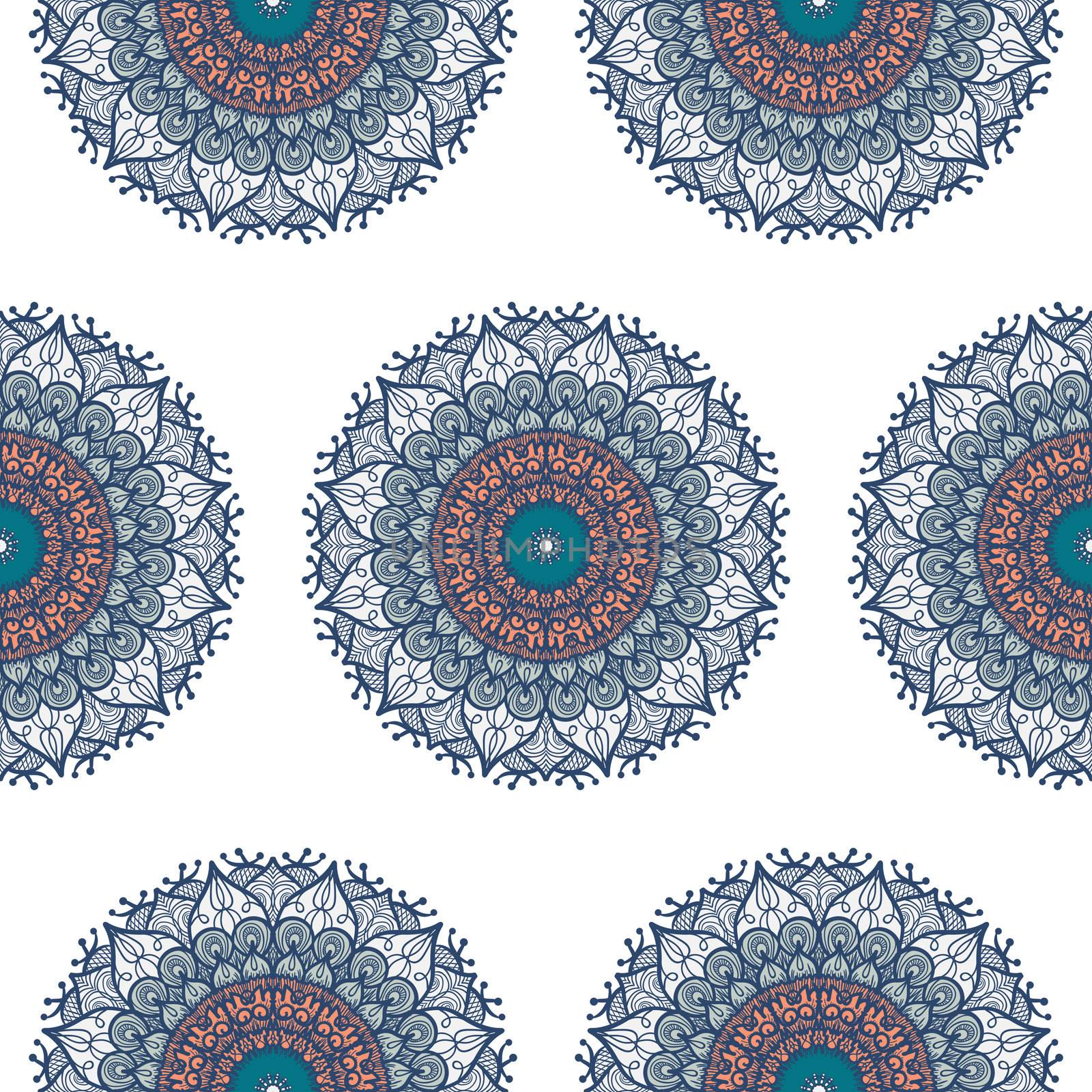 Hand drawn Mandala Seamless Pattern. Arabic, indian, turkish and ottoman culture decoration style. Ethnic ornamental background. Magic vintage template of greeting, card, print, cloth, tattoo. Vector