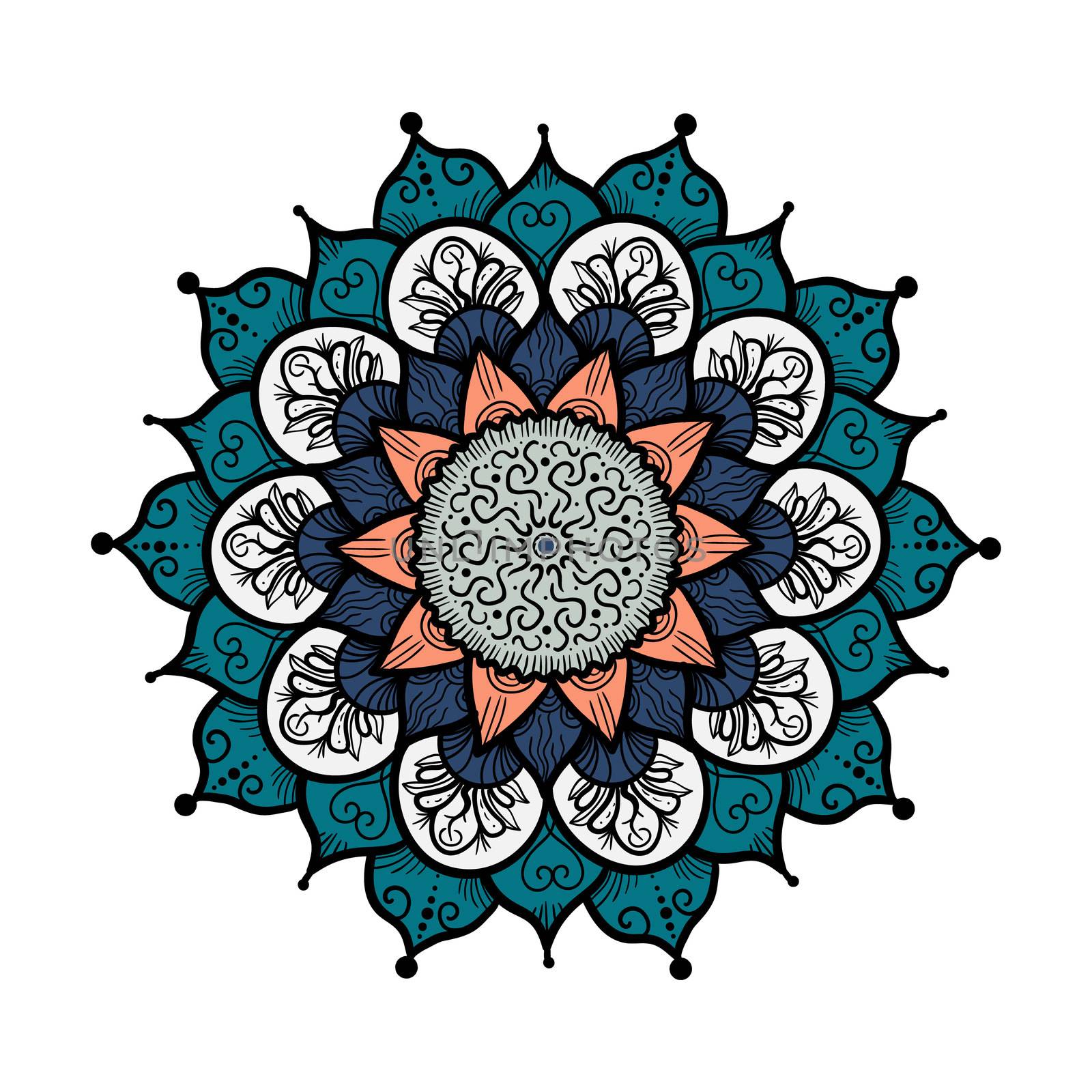 Hand drawn Mandala in arabic, indian, islam and ottoman culture decoration style. Ethnic geometric ornamental background. Magic vintage template of greeting, card, print, cloth, tattoo. Vector