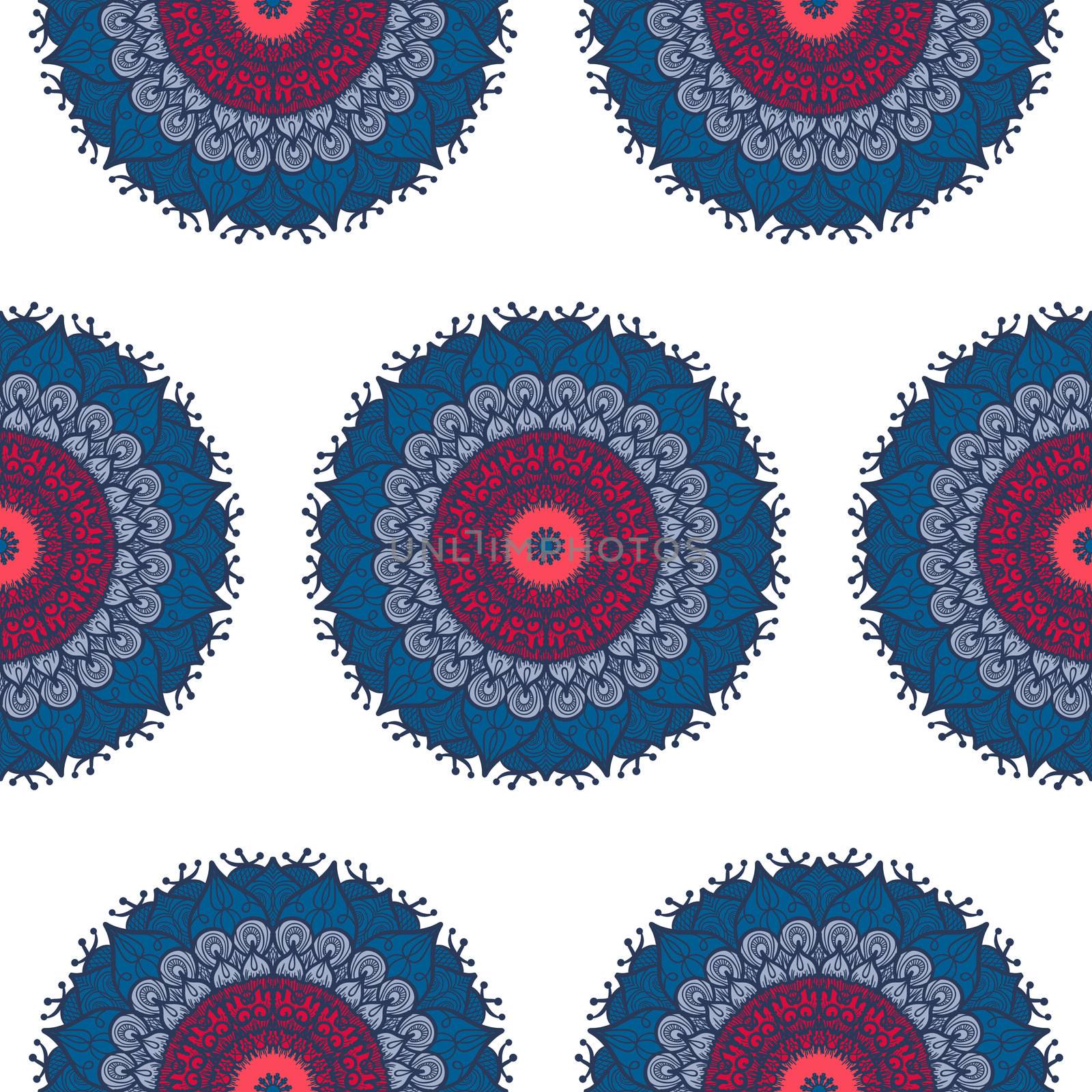 Hand drawn Mandala Seamless Pattern. Arabic, indian, turkish and ottoman culture decoration style. Ethnic ornamental background. Magic vintage template of greeting, card, print, cloth, tattoo. Vector