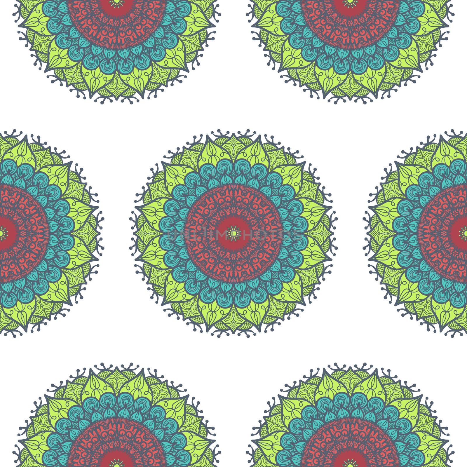 Hand drawn Mandala Seamless Pattern. Arabic, indian, turkish and ottoman culture decoration style. Ethnic ornamental background. Magic vintage template of greeting, card, print, cloth, tattoo. Vector