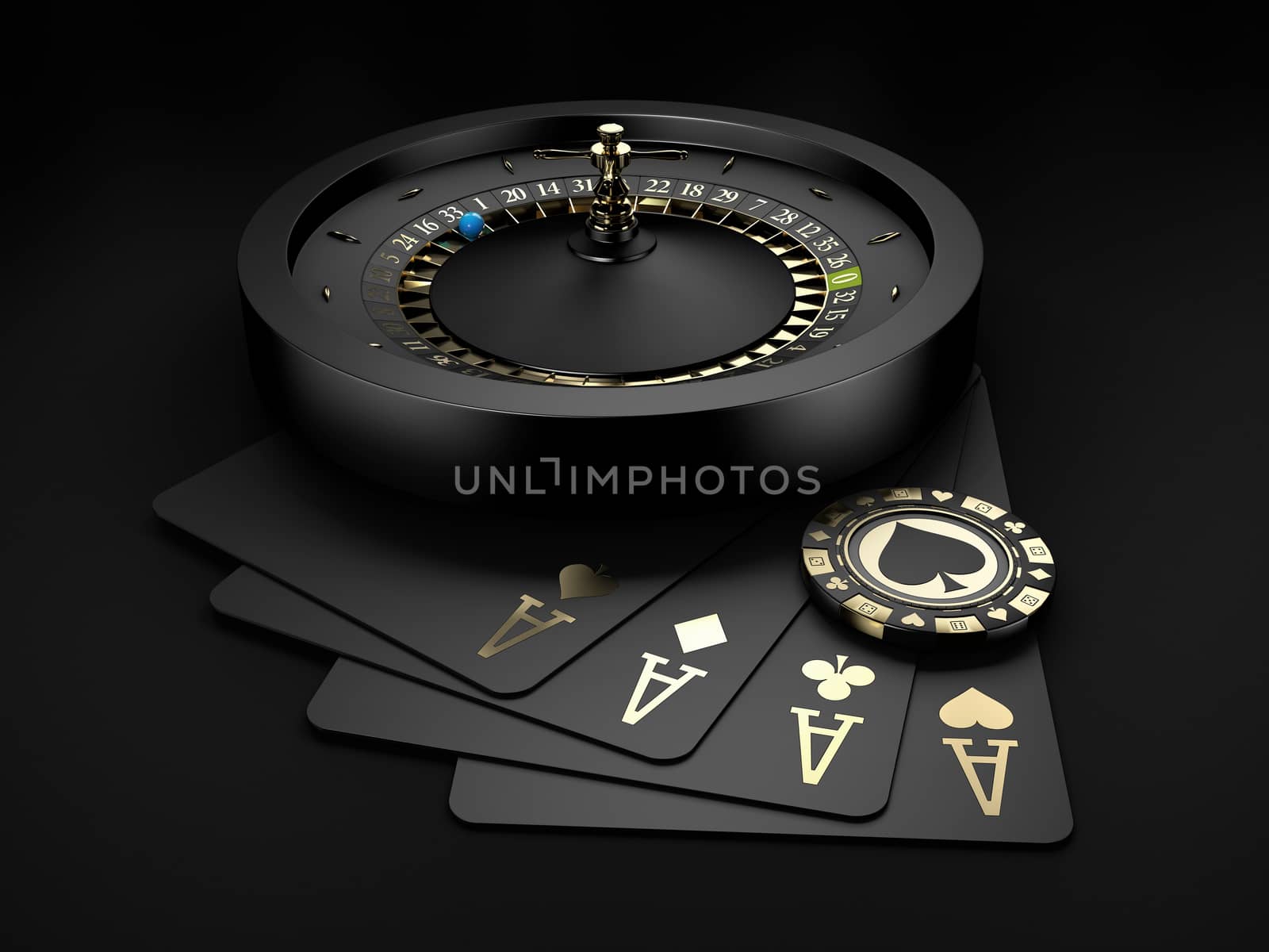 3d Rendering of Black Casino Roulette Wheel with a blue ball and gold chip. isolated black, clipping path included.