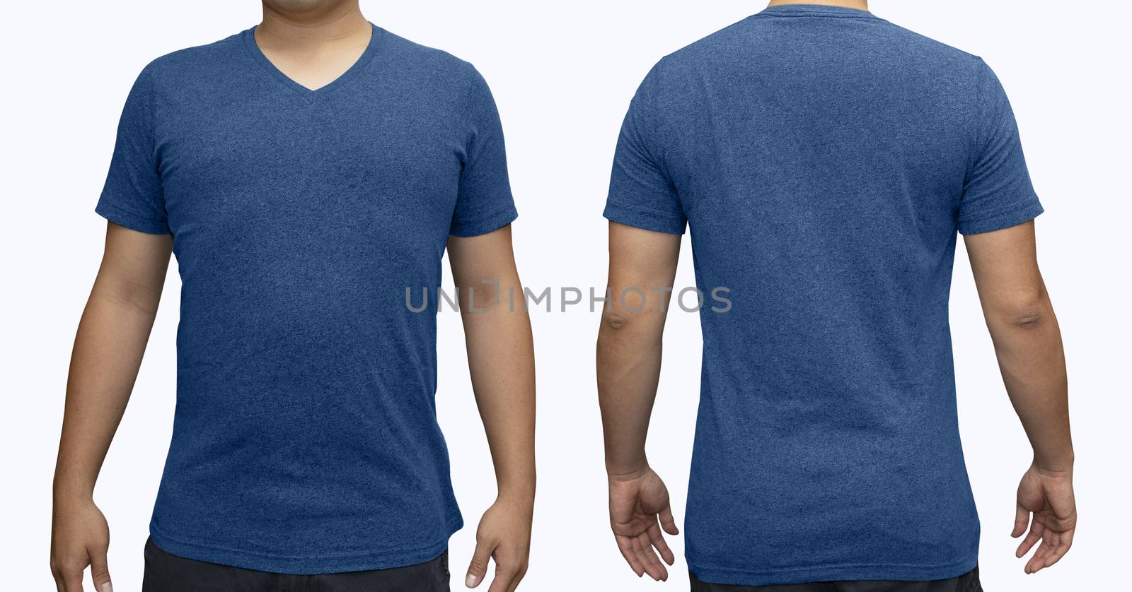 Blue blank v-neck t-shirt on human body for graphic design mock up