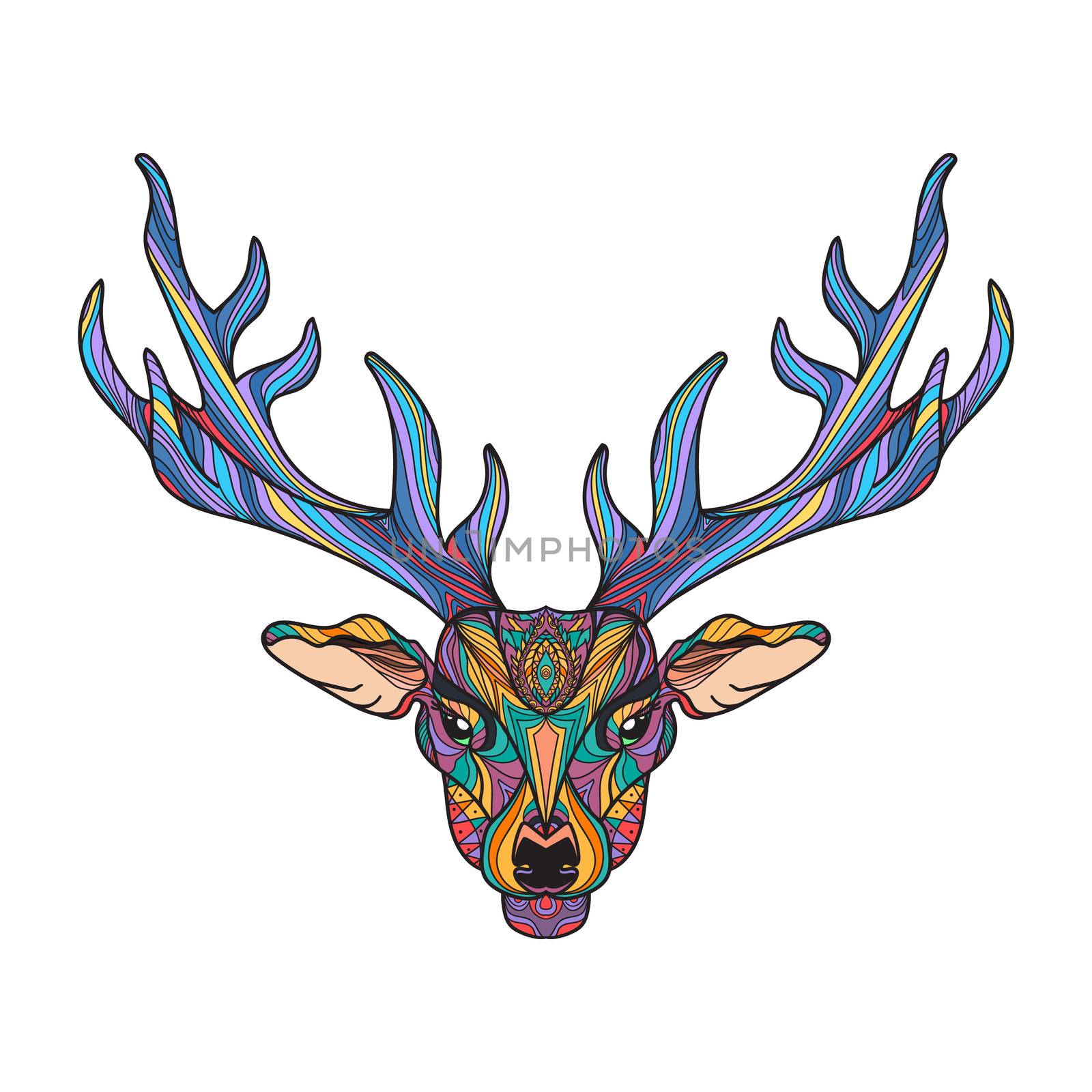 Deer bright colorful head with horns for t-shirt, tattoo, print, fabric, poster and illustrations. Vector