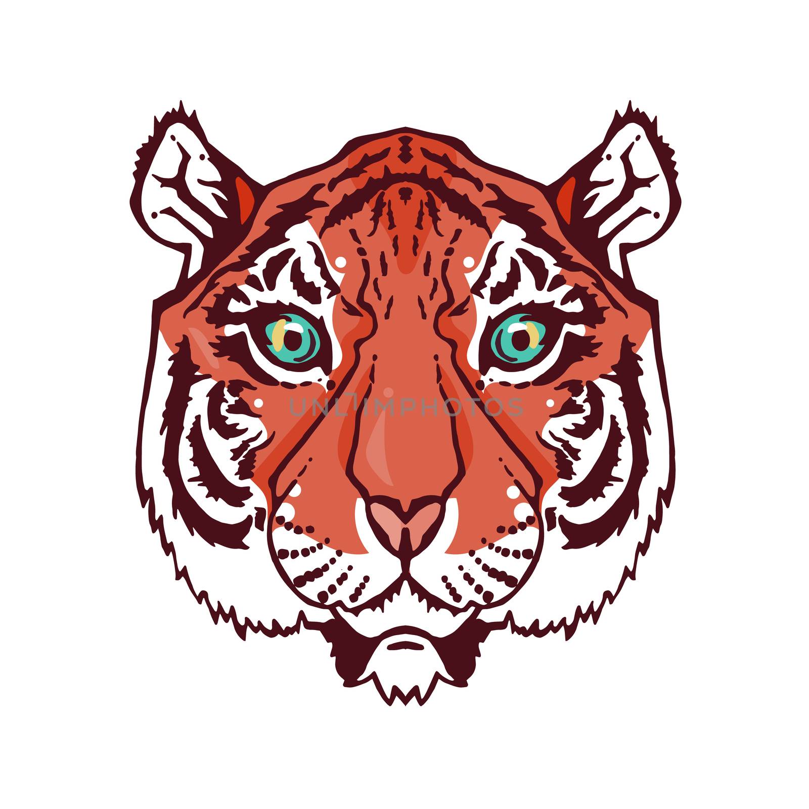 Illustration of isolated tiger head in vintage style for textiles, print and tattoo. Line-art. Vector