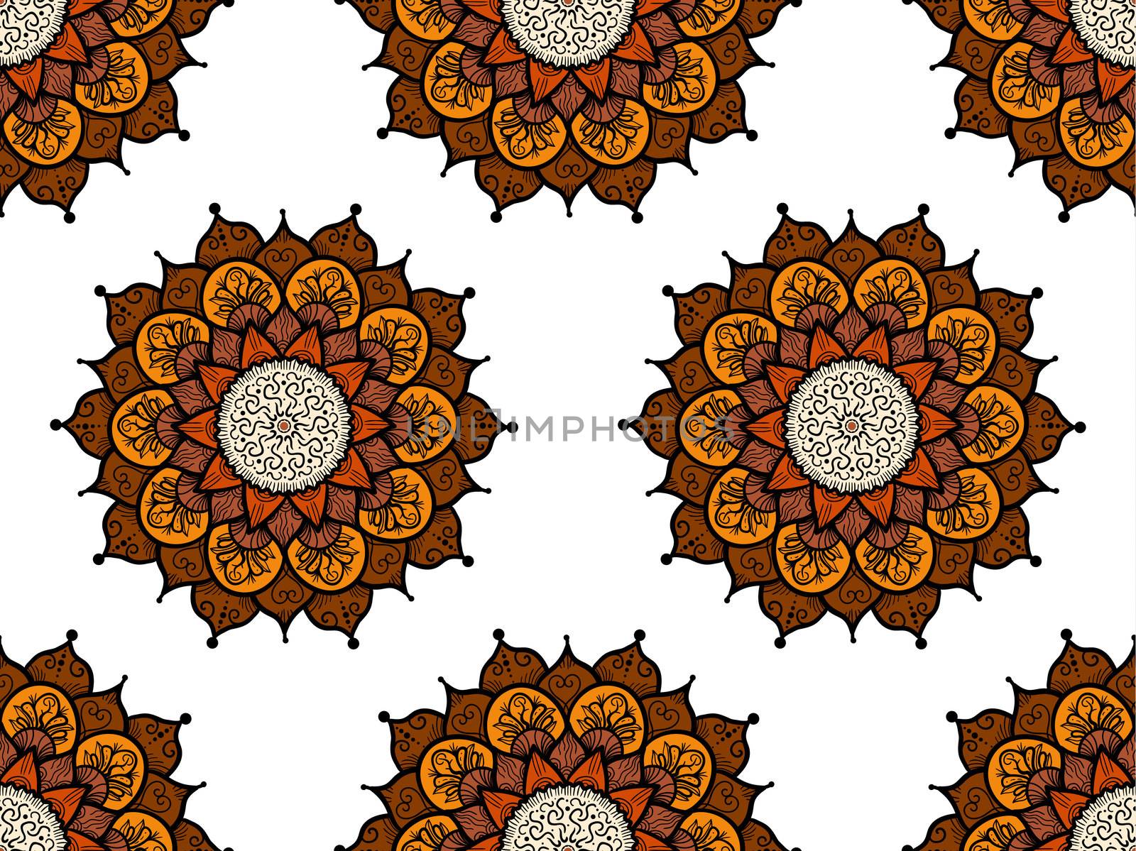 Hand drawn Mandala Seamless Pattern. Arabic, indian, turkish and ottoman culture decoration style. Ethnic ornamental background. Magic vintage template of greeting, card, print, cloth, tattoo. Vector