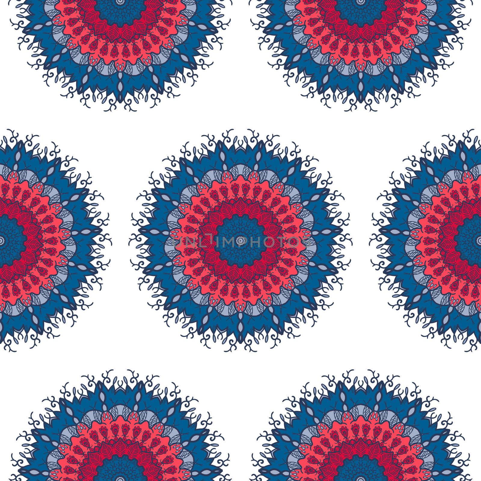 Hand drawn Mandala Seamless Pattern. Arabic, indian, turkish and ottoman culture decoration style. Ethnic ornamental background. Magic vintage template of greeting, card, print, cloth, tattoo. Vector