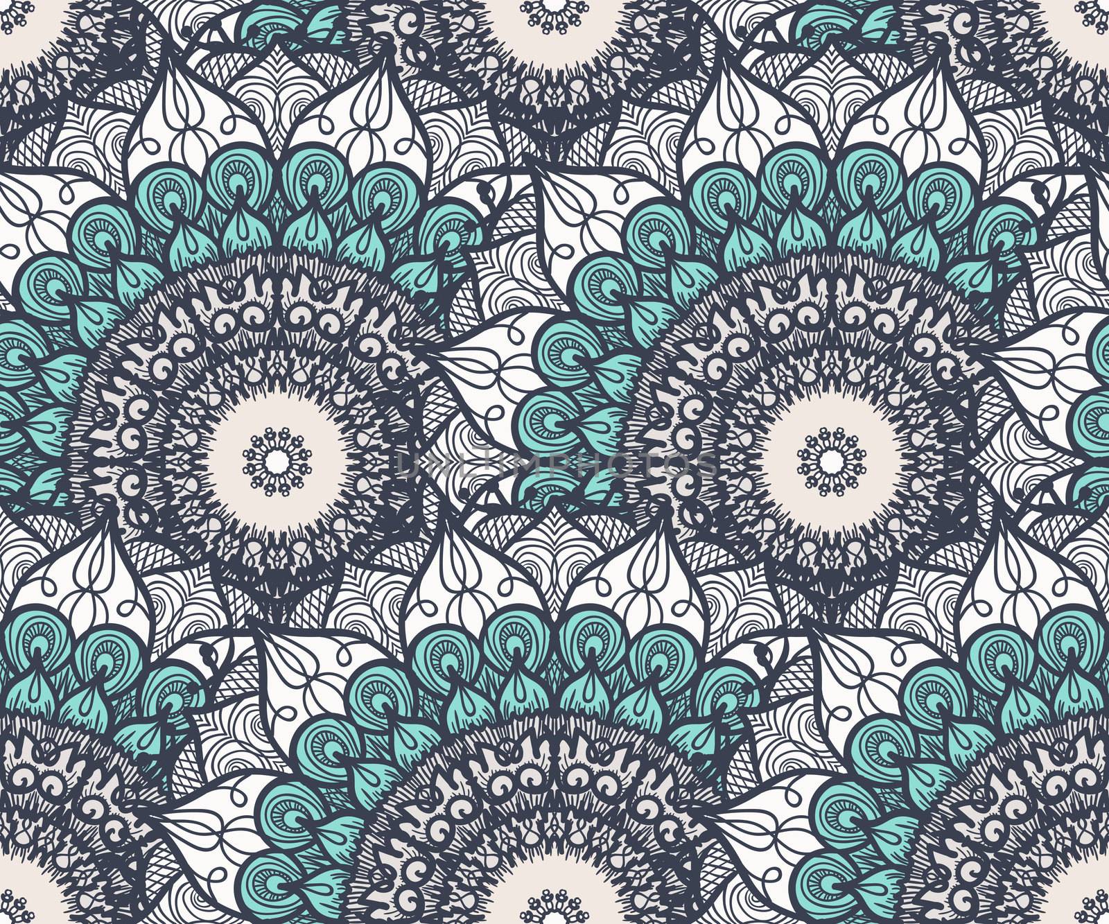 Hand drawn Mandala Seamless Pattern. Arabic, indian, turkish and ottoman culture decoration style. Ethnic ornamental background. Magic vintage template of greeting, card, print, cloth, tattoo. Vector