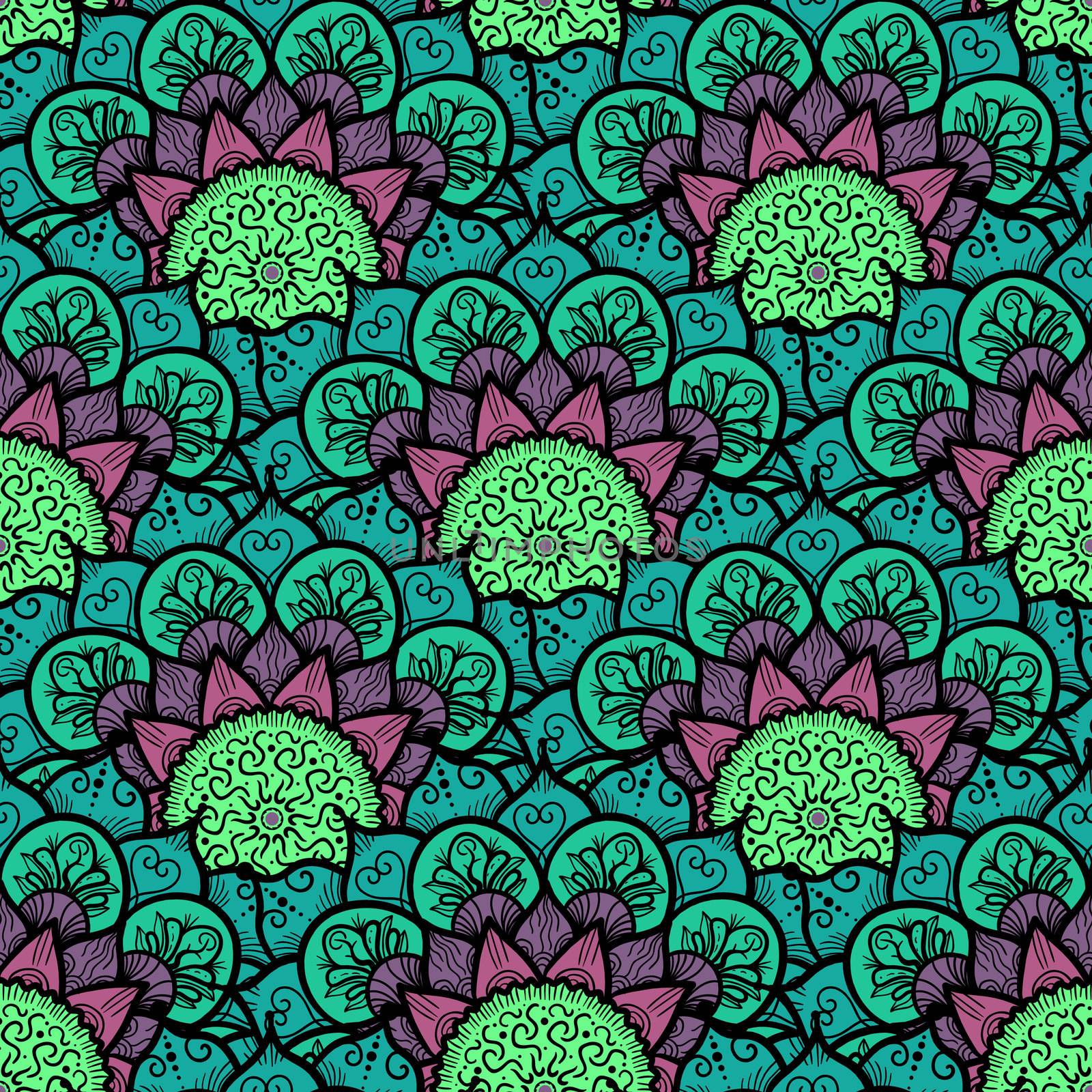 Hand drawn Mandala Seamless Pattern. Arabic, indian, turkish and ottoman culture decoration style. Ethnic ornamental background. Magic vintage template of greeting, card, print, cloth, tattoo. Vector