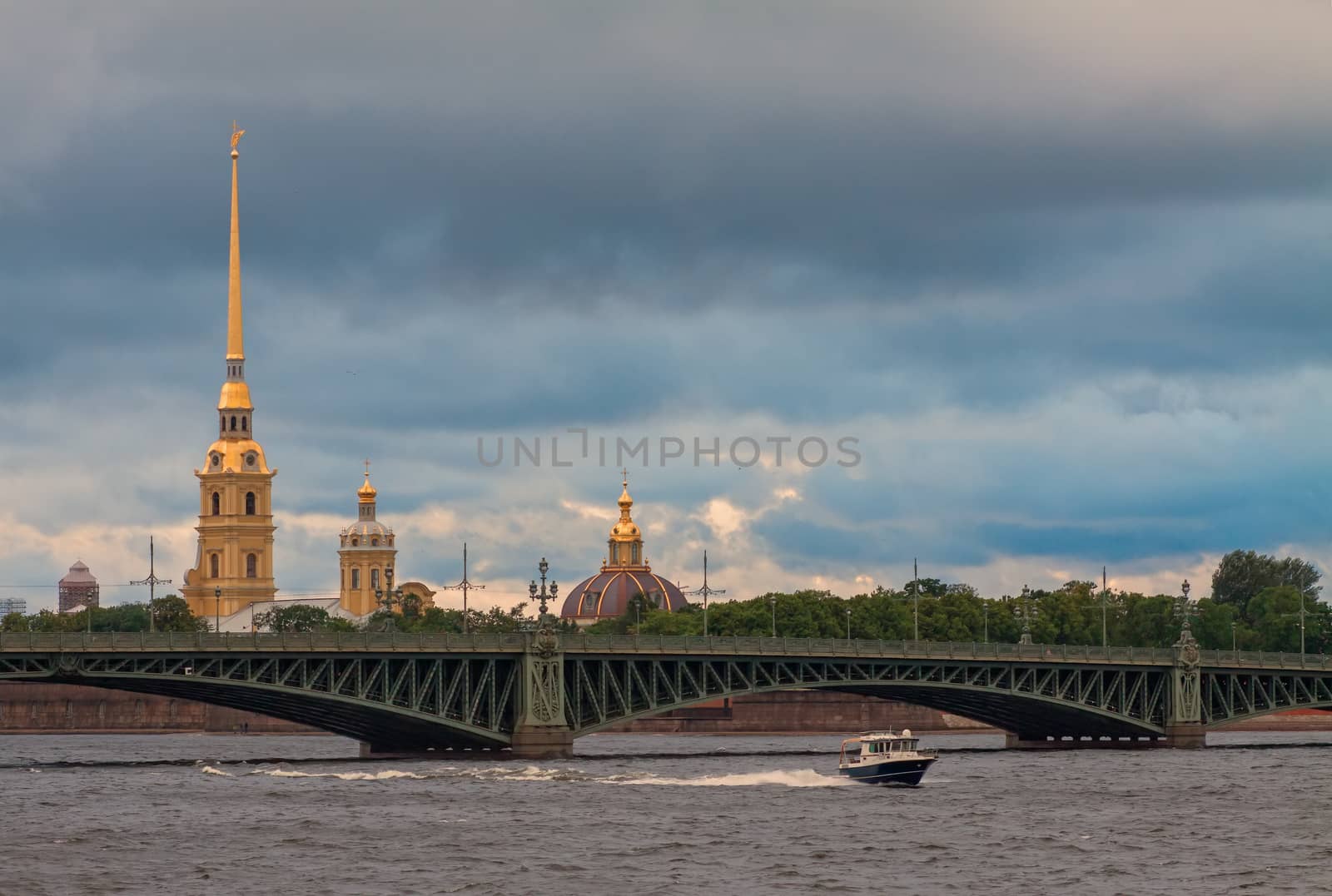 Saint-Petersburg view with bridge water and spire cloudy morning shot