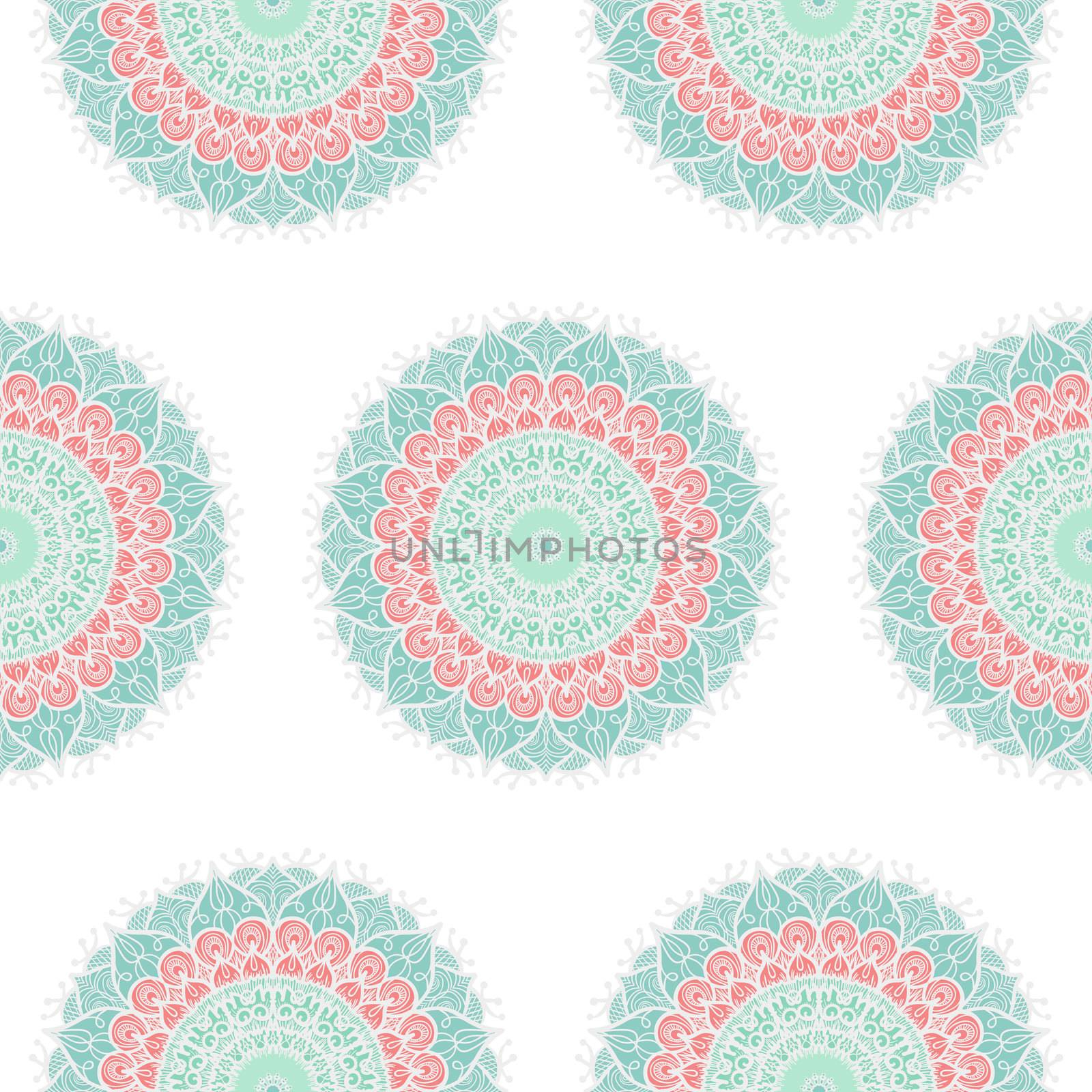 Hand drawn Mandala Seamless Pattern. Arabic, indian, turkish and ottoman culture decoration style. Ethnic ornamental background. Magic vintage template of greeting, card, print, cloth, tattoo. Vector