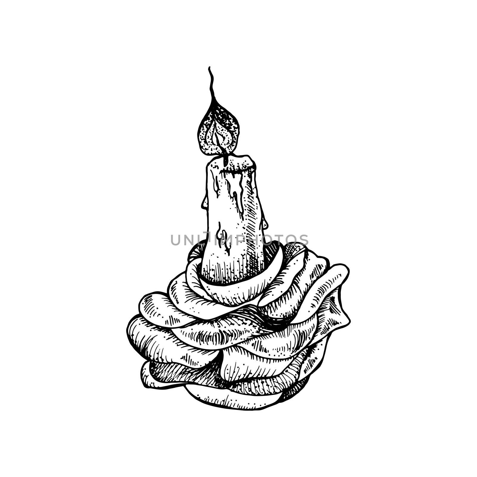 Vintage Hand Drawn Burning Candle in Rose. Romantic Tattoo Design Element for print, t-shirt, poster, card, greeting, coloring. Esoteric magic symbol. Vector