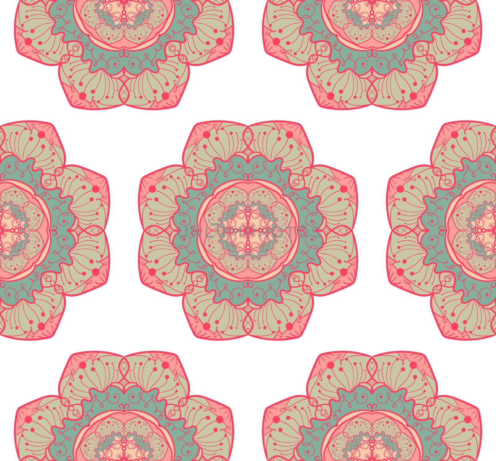 Hand drawn Mandala Seamless Pattern. Arabic, indian, turkish and ottoman culture decoration style. Ethnic ornamental background. Magic vintage template of greeting, card, print, cloth, tattoo. Vector