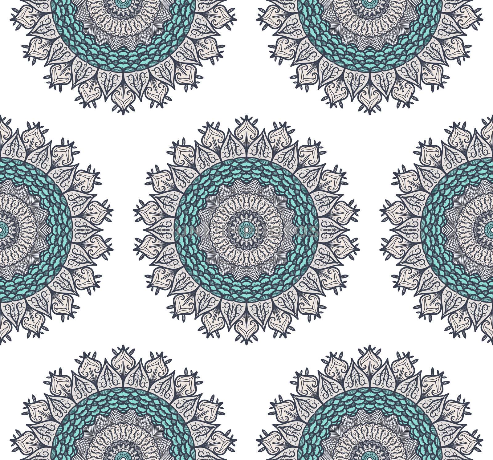 Hand drawn Mandala Seamless Pattern. Arabic, indian, turkish and ottoman culture decoration style. Ethnic ornamental background. Magic vintage template of greeting, card, print, cloth, tattoo. Vector