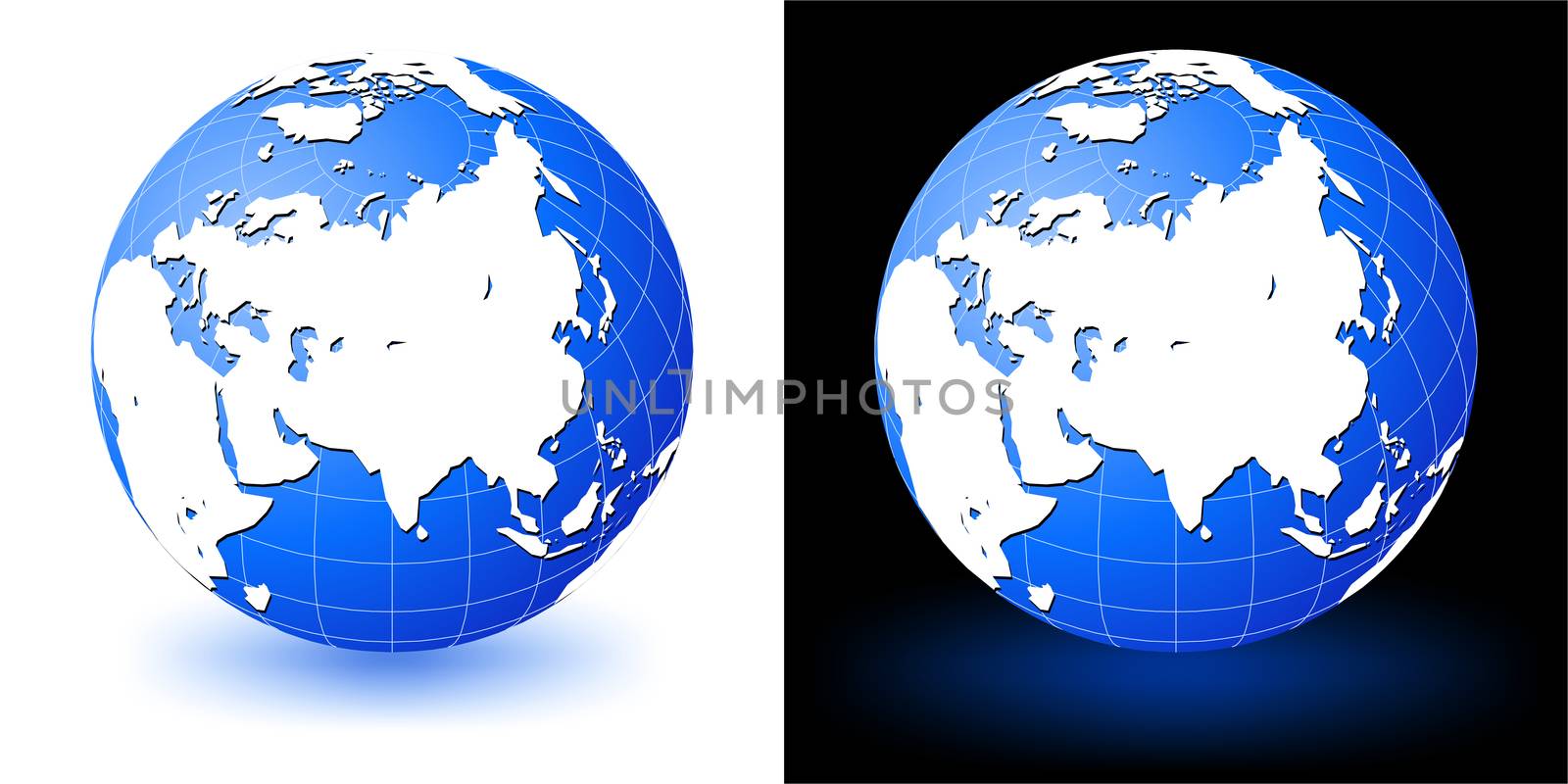 Illustration of earth globe on white and black backgrounds with glow shadow.