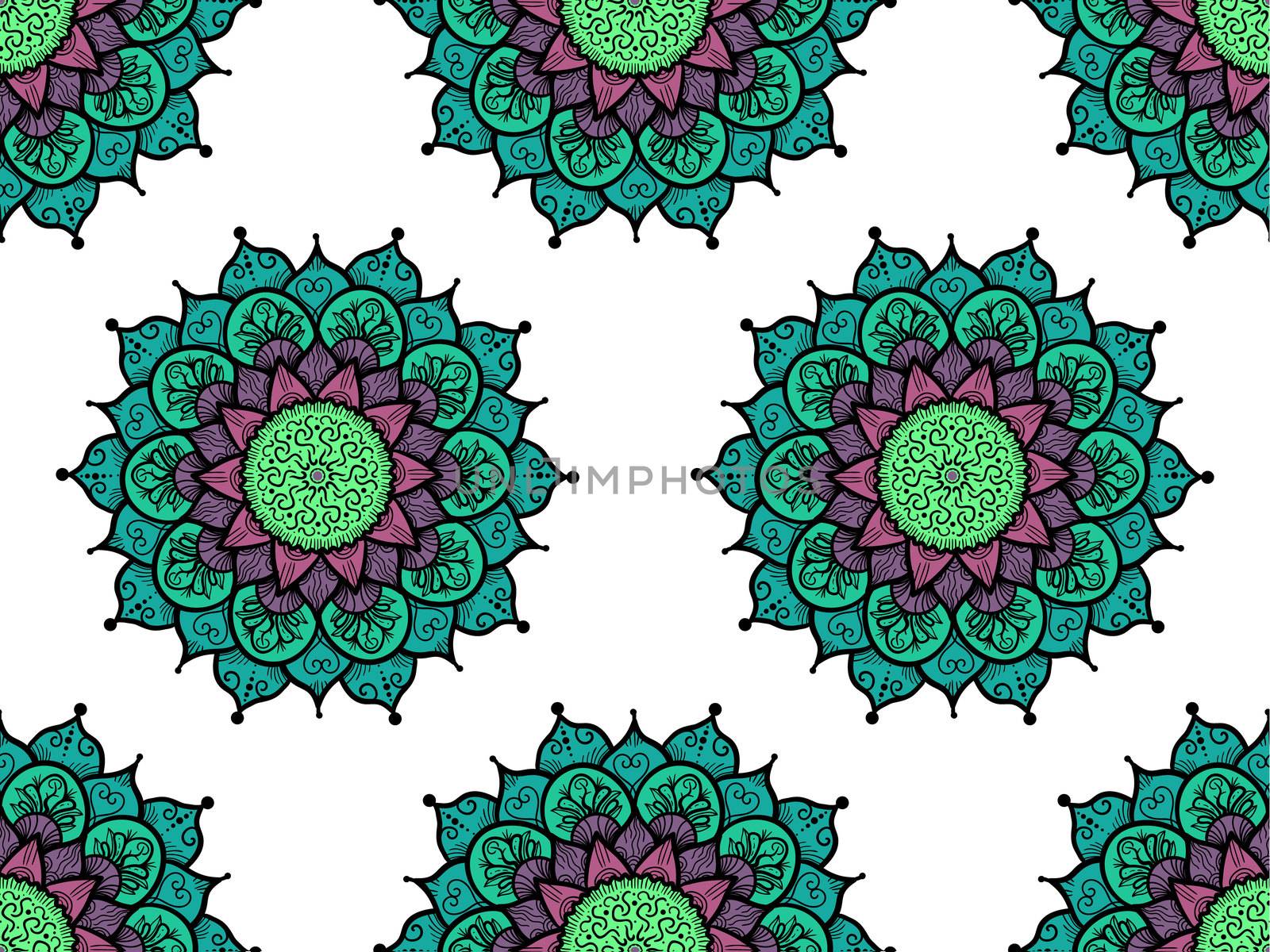 Hand drawn Mandala Seamless Pattern. Arabic, indian, turkish and ottoman culture decoration style. Ethnic ornamental background. Magic vintage template of greeting, card, print, cloth, tattoo. Vector