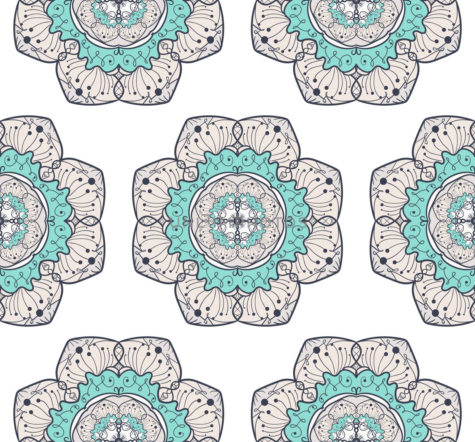 Hand drawn Mandala Seamless Pattern. Arabic, indian, turkish and ottoman culture decoration style. Ethnic ornamental background. Magic vintage template of greeting, card, print, cloth, tattoo. Vector