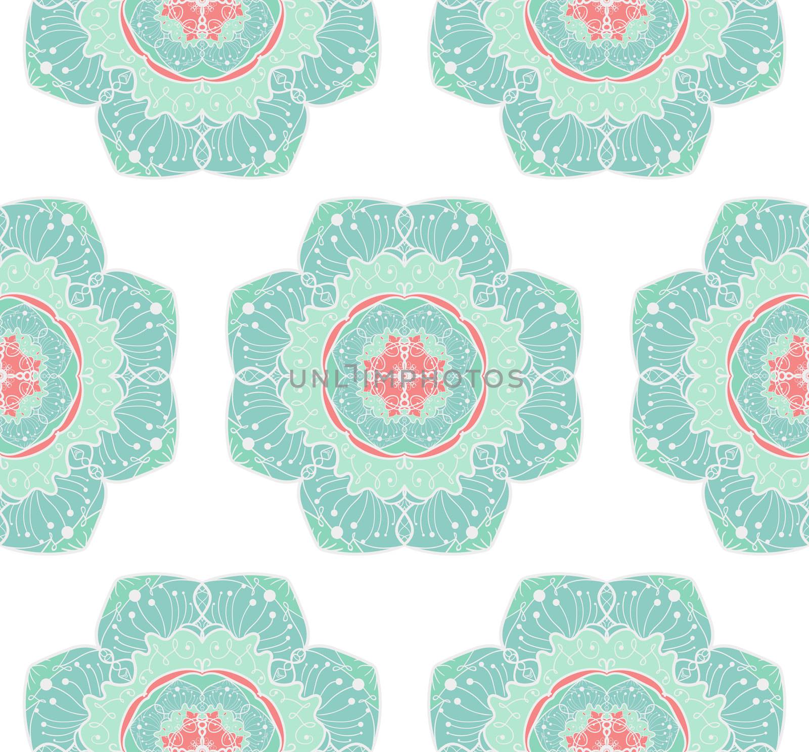 Hand drawn Mandala Seamless Pattern. Arabic, indian, turkish and ottoman culture decoration style. Ethnic ornamental background. Magic vintage template of greeting, card, print, cloth, tattoo. Vector
