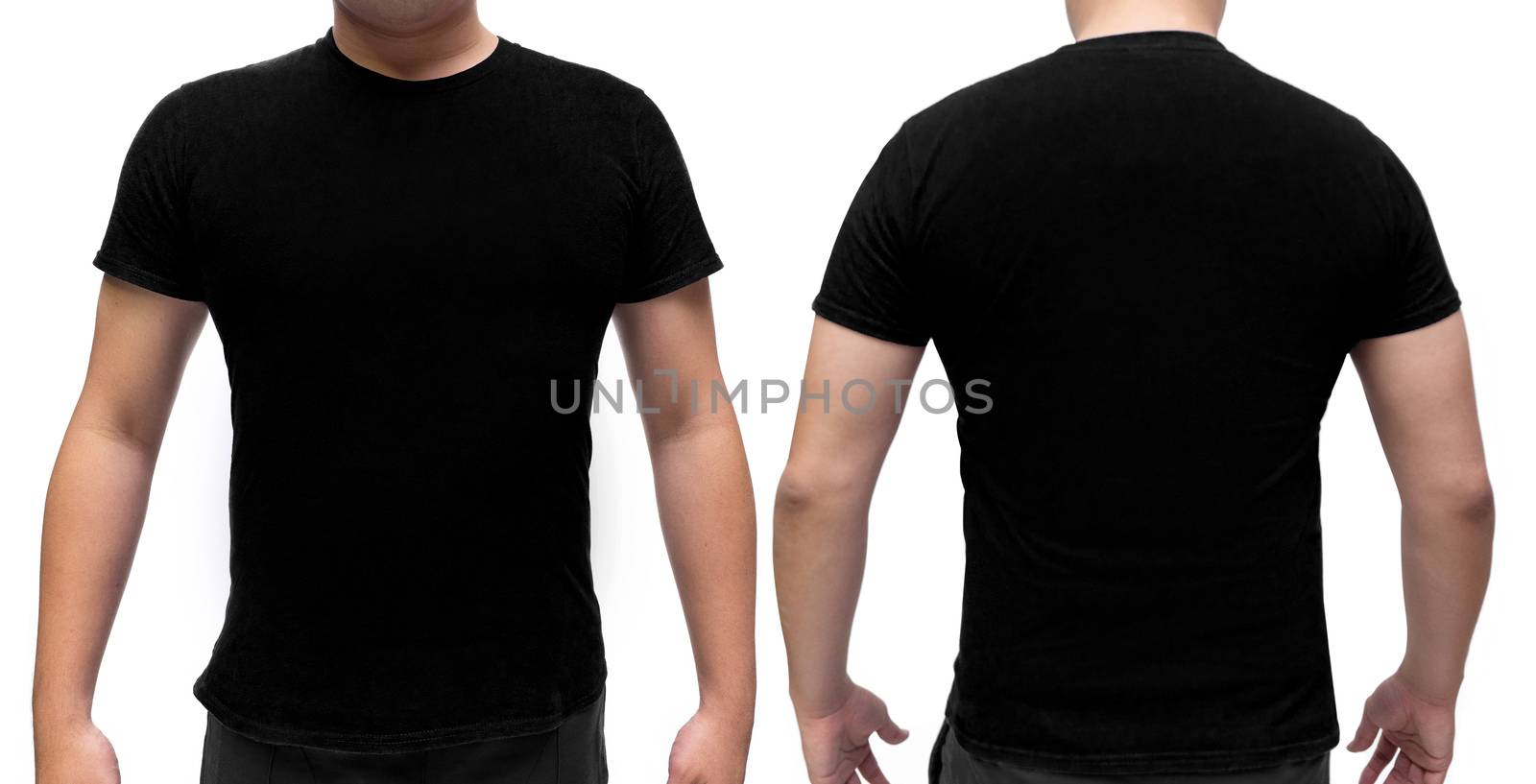 Black blank  t-shirt on human body for graphic design mock up by Charnsitr