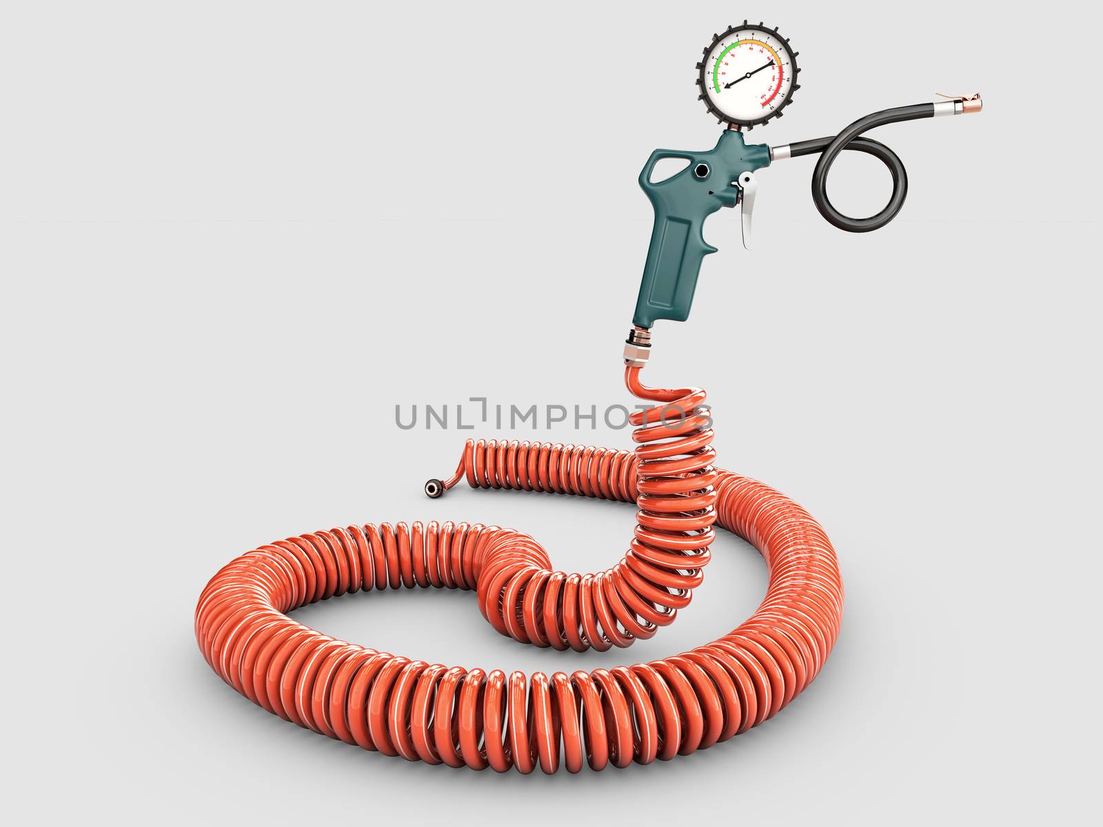 3d Rendering of air compressor gun with manometer isolated on a gray background. by tussik
