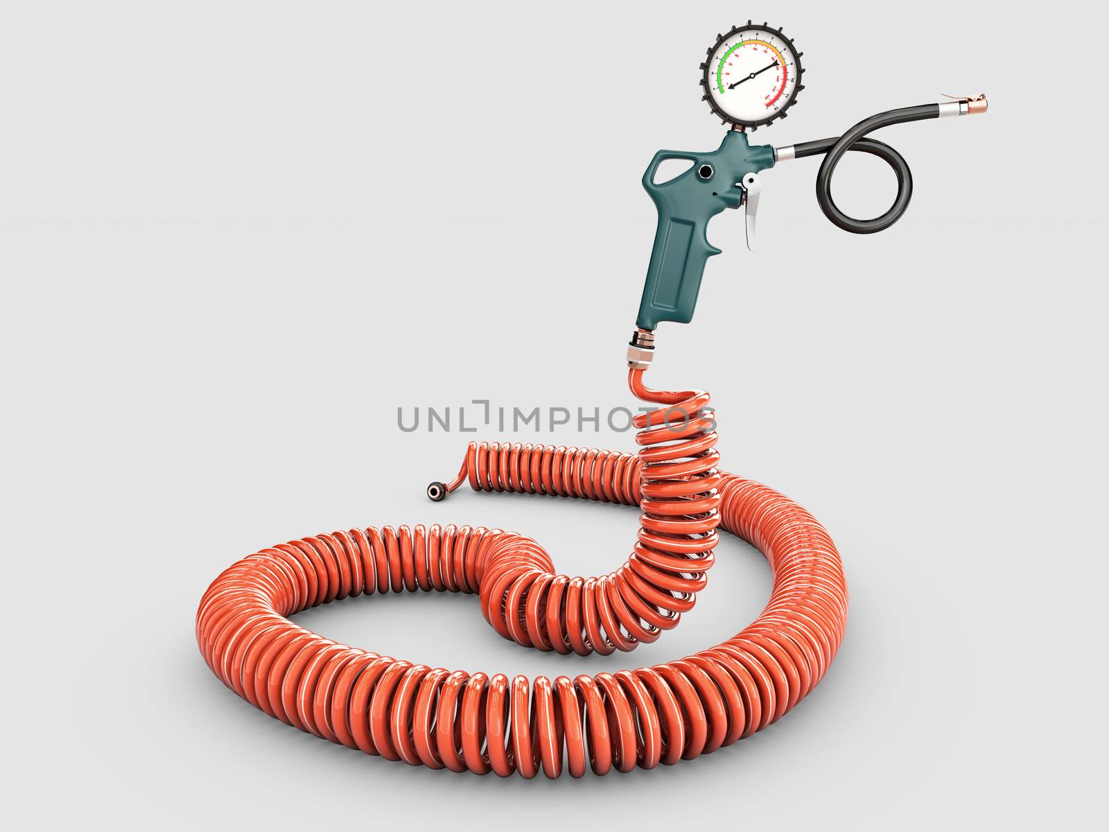 3d Rendering of air compressor gun with manometer isolated on a gray background