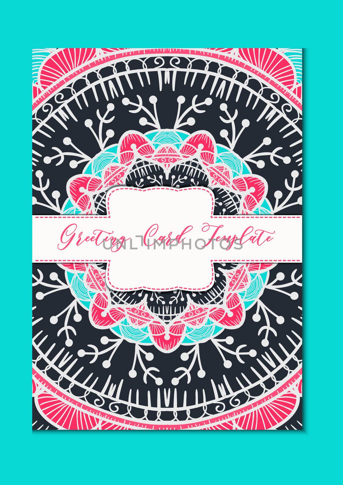 Mandala vintage template card in arabic and indian, islam and ottoman, turkish, asian style for brochure, flyer, greeting, invitation card, cover. Format A4. Floral holiday ornamental design. Vector