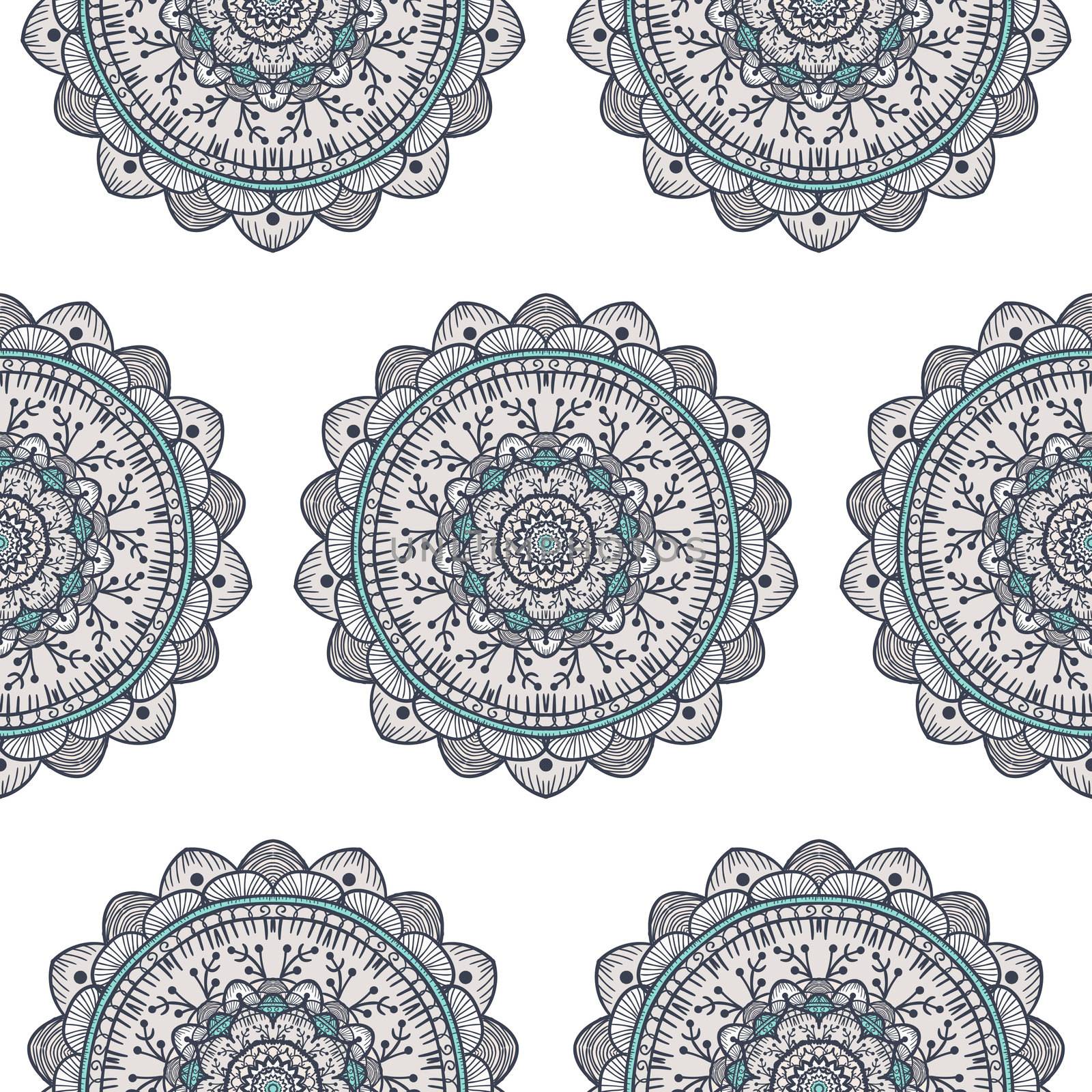 Hand drawn Mandala Seamless Pattern. Arabic, indian, turkish and ottoman culture decoration style. Ethnic ornamental background. Magic vintage template of greeting, card, print, cloth, tattoo. Vector