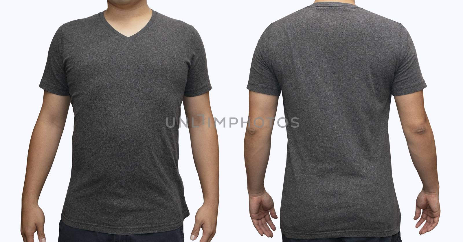 Grey blank v-neck t-shirt on human body for graphic design mock up