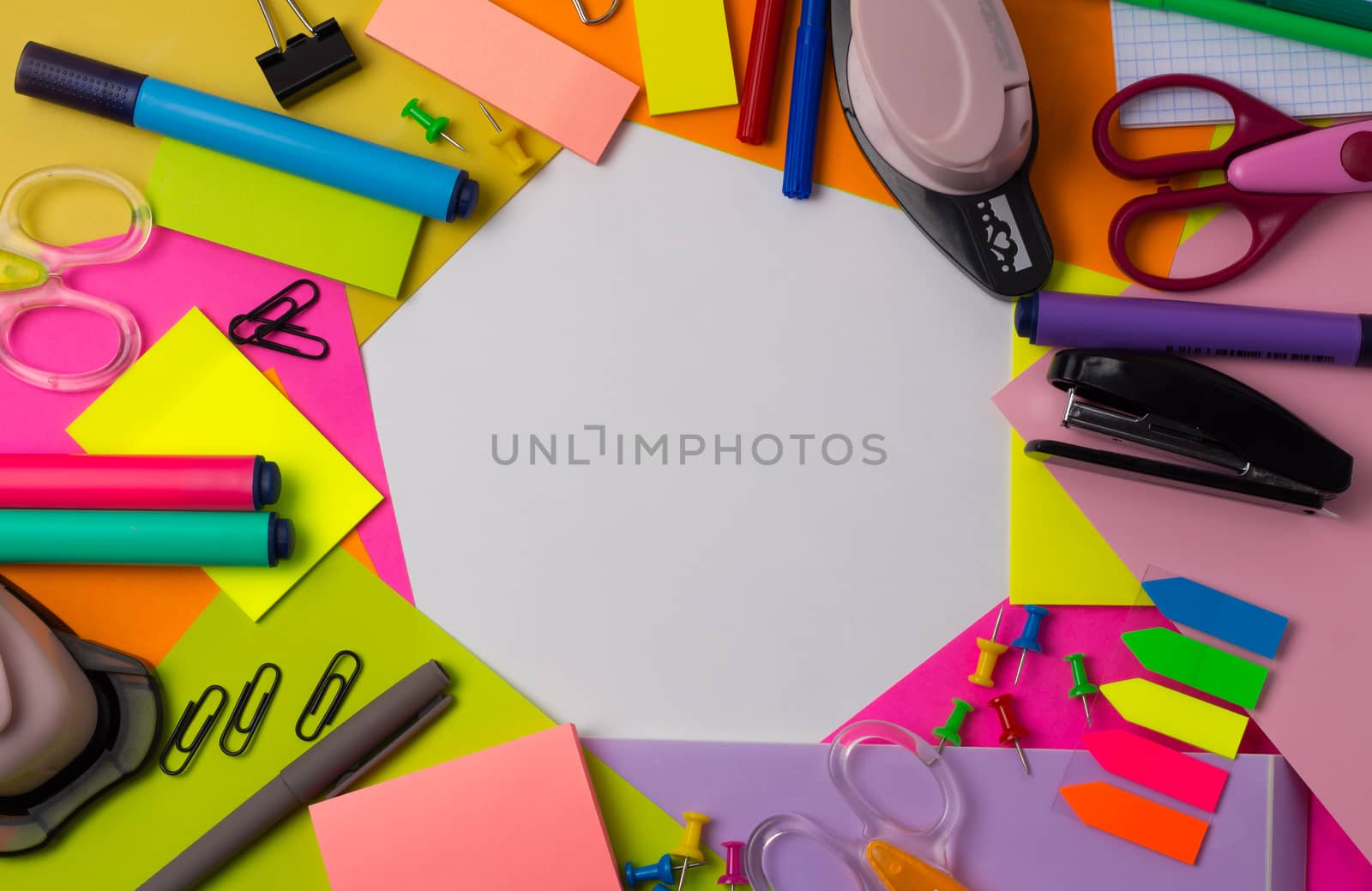 Colored stationery, Flat lay. Back to school. Copy Space. Frame, concept, art, handmade, project. Office, education.