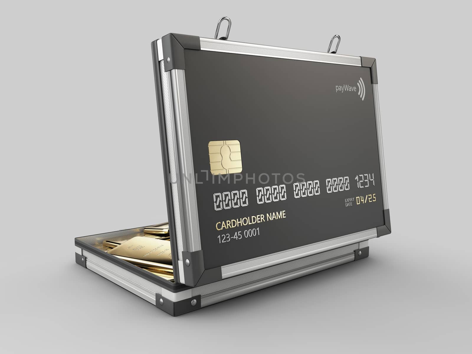 3d Rendering of Credit card in the form of a metallic case with gold bar by tussik