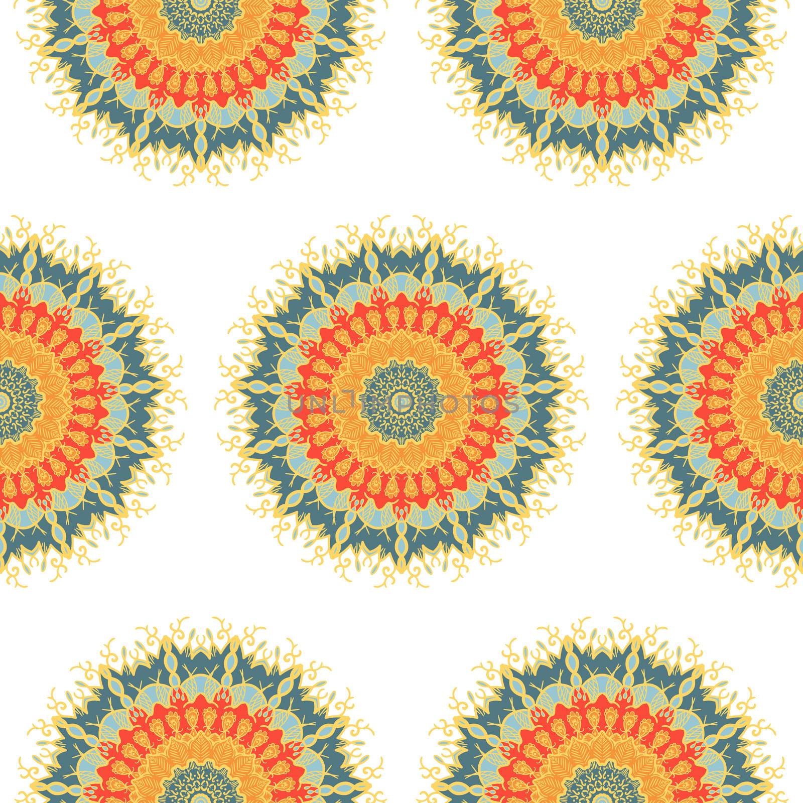 Hand drawn Mandala Seamless Pattern. Arabic, indian, turkish and ottoman culture decoration style. Ethnic ornamental background. Magic vintage template of greeting, card, print, cloth, tattoo. Vector