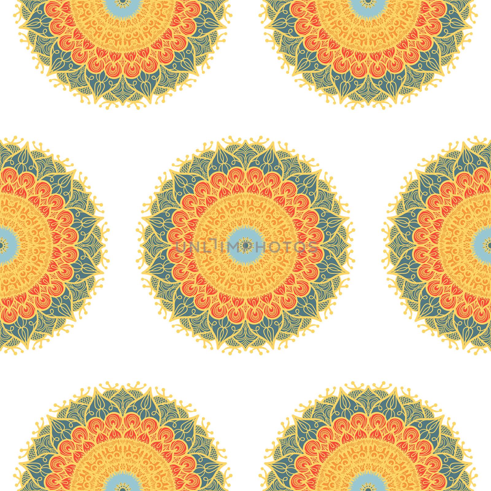 Hand drawn Mandala Seamless Pattern. Arabic, indian, turkish and ottoman culture decoration style. Ethnic ornamental background. Magic vintage template of greeting, card, print, cloth, tattoo. Vector