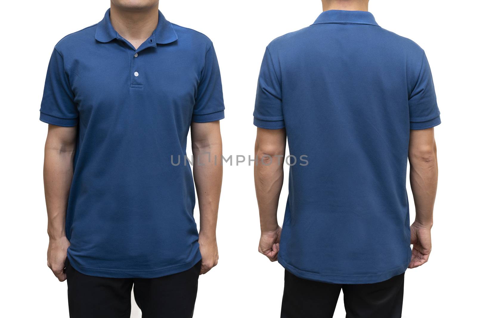 Blue blank polo t-shirt on human body for graphic design mock up by Charnsitr