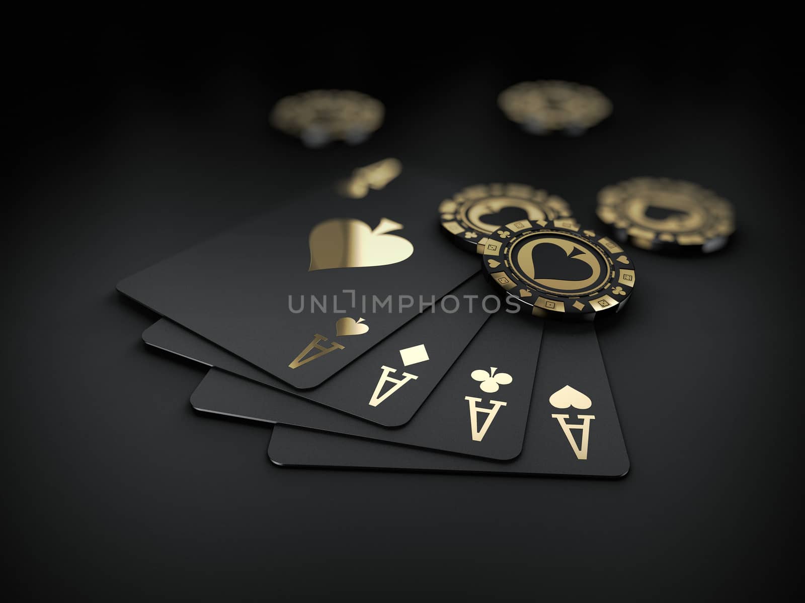 3d Rendering of casino gold chips and black play card, clipping path included.