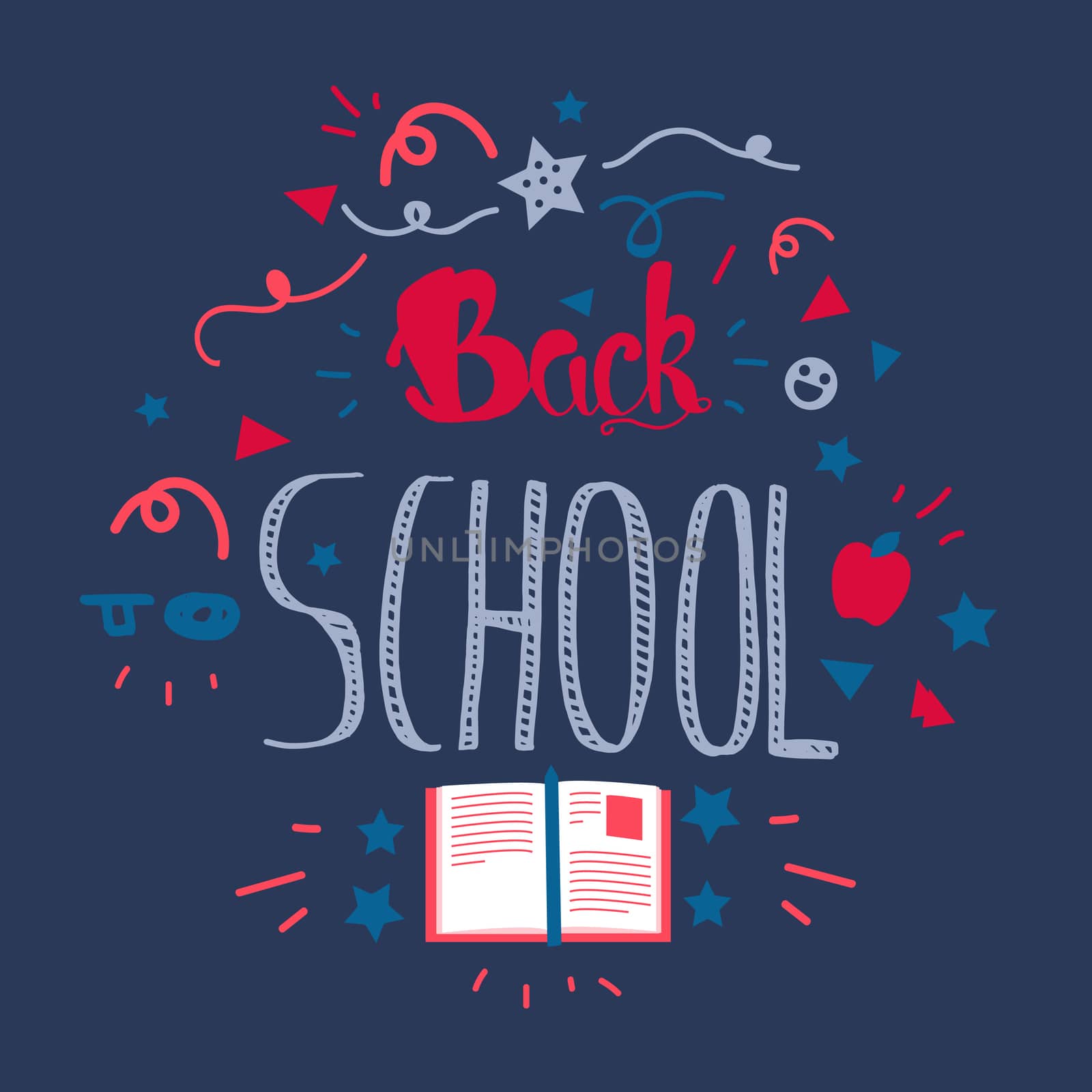 Vintage Back To School Lettering Banner. Knowledge day greeting card with book and pencil for print, t-shirt, badge, cloth, poster. Vector