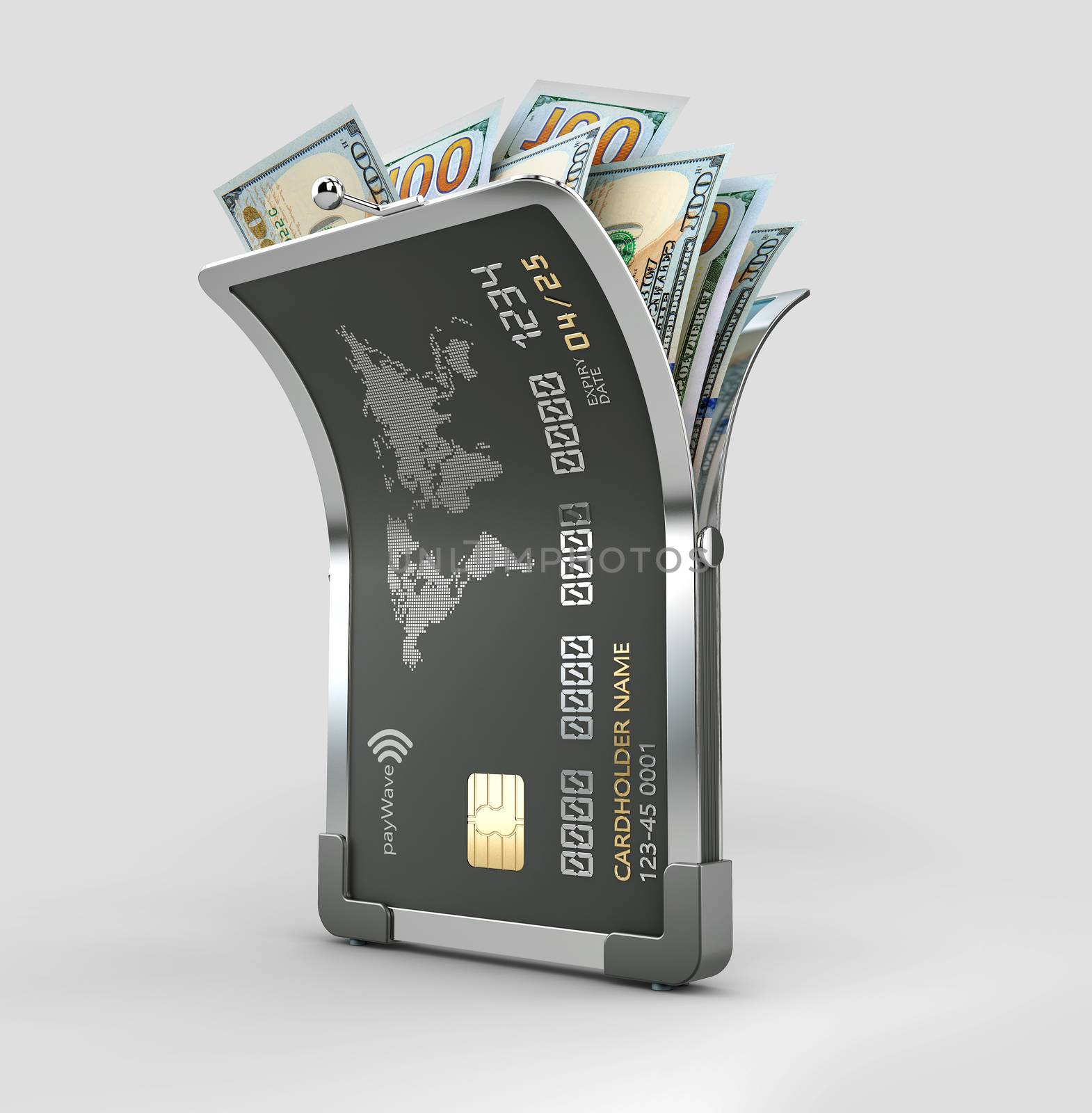 Open bank card with Dollars, clipping path included. 3d Rendering by tussik
