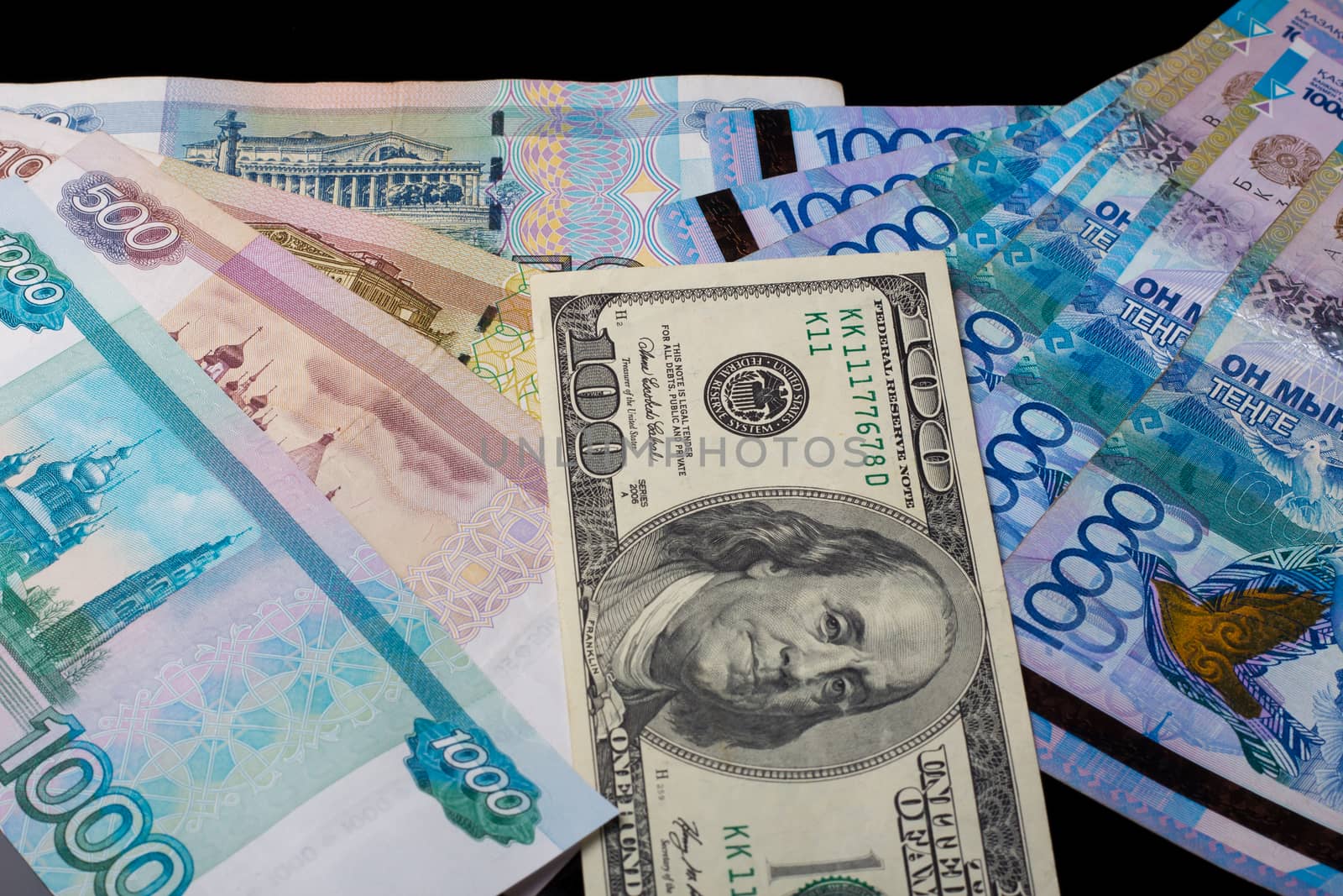 Tenge, Kazakhstan, the Russian ruble and the dollar, the United States. Exchange rate. Bank, world economy, crisis, Finance. Dollar rate. Banknotes of different countries