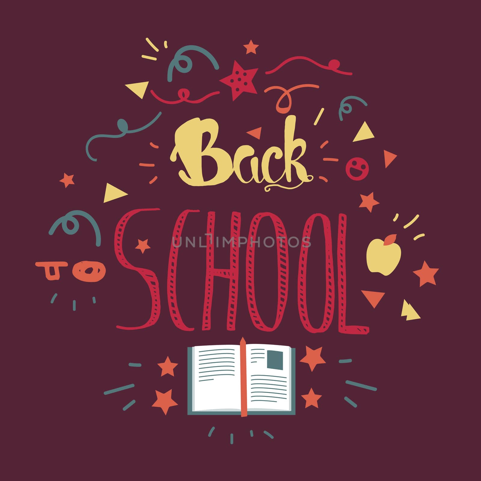 Vintage Back To School Lettering Banner. Knowledge day greeting card with book and pencil for print, t-shirt, badge, cloth, poster. Vector